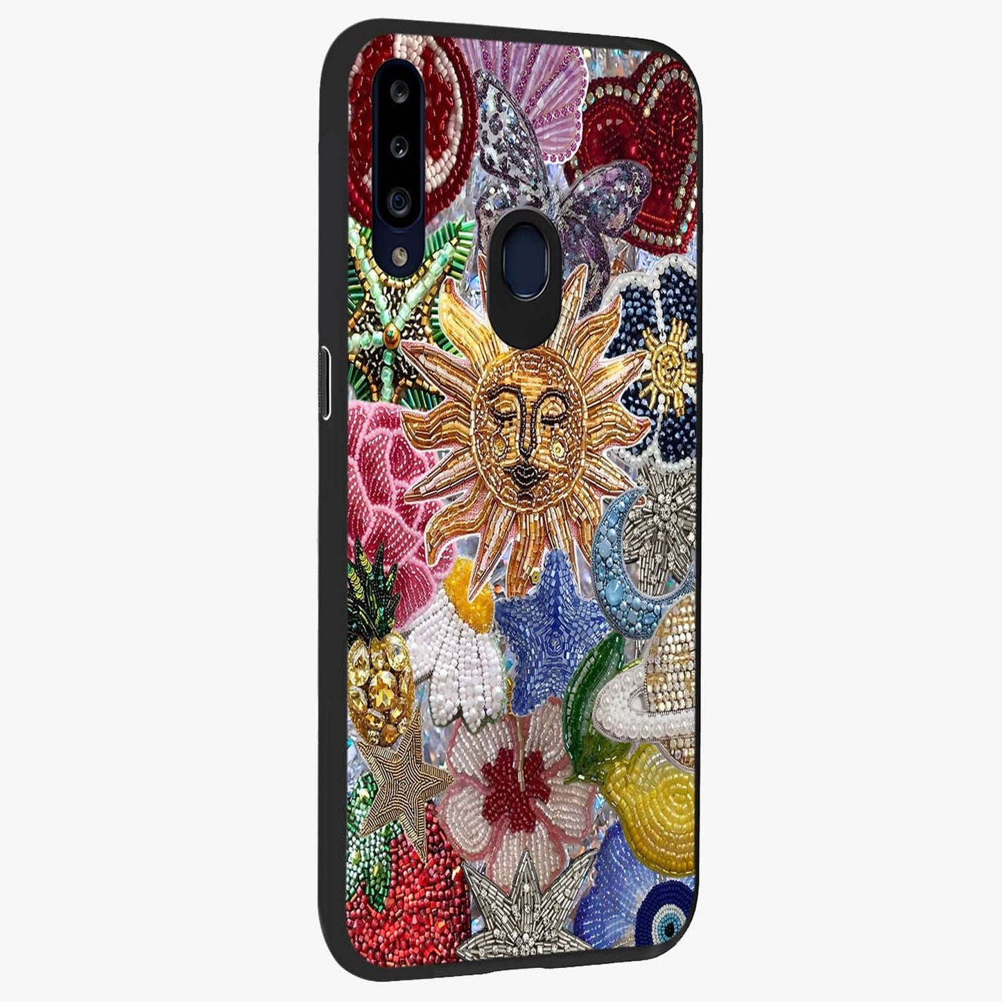 Celestial Floral and Playful Glass Case upright view showcasing whimsical floral artwork with cosmic aesthetic theme.