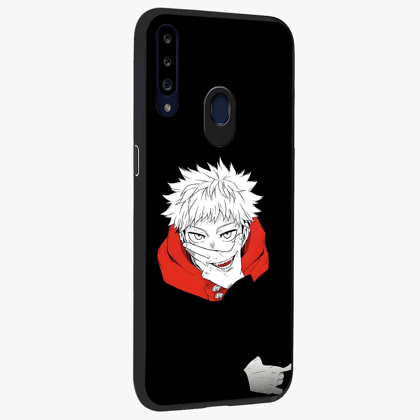 Crimson Chaos Smile Glass Case upright view showcasing expressive chaotic artwork with striking visual theme.