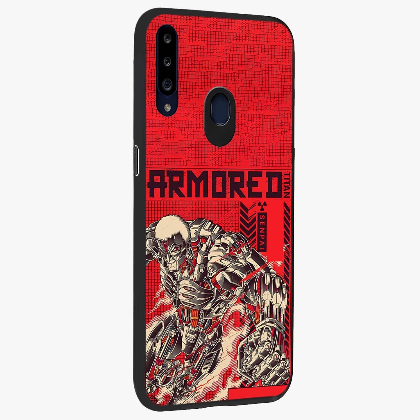Crimson Mecha Titan Glass Case upright view showcasing dynamic robotic titan design with sci-fi inspired theme.