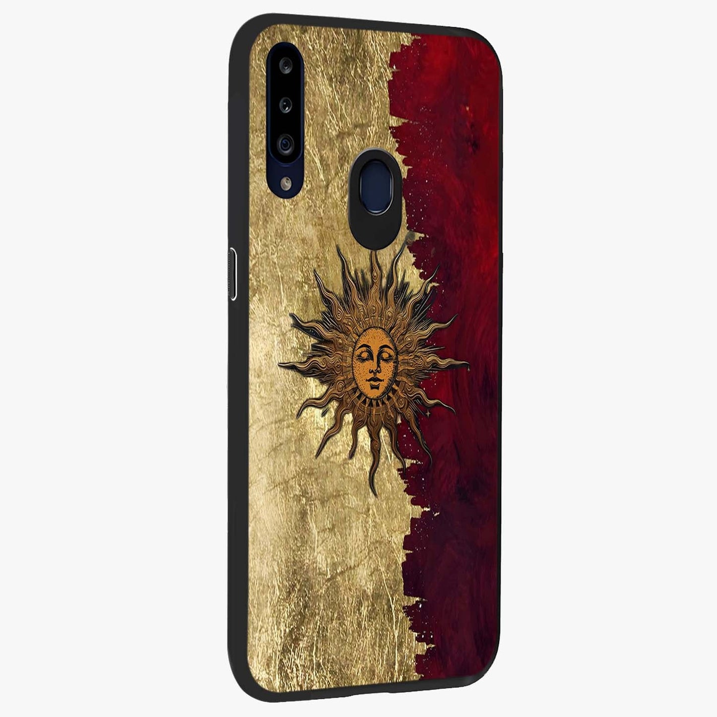 Crimson Sun Majesty Glass Case upright view showcasing vibrant sun artwork with powerful celestial theme.