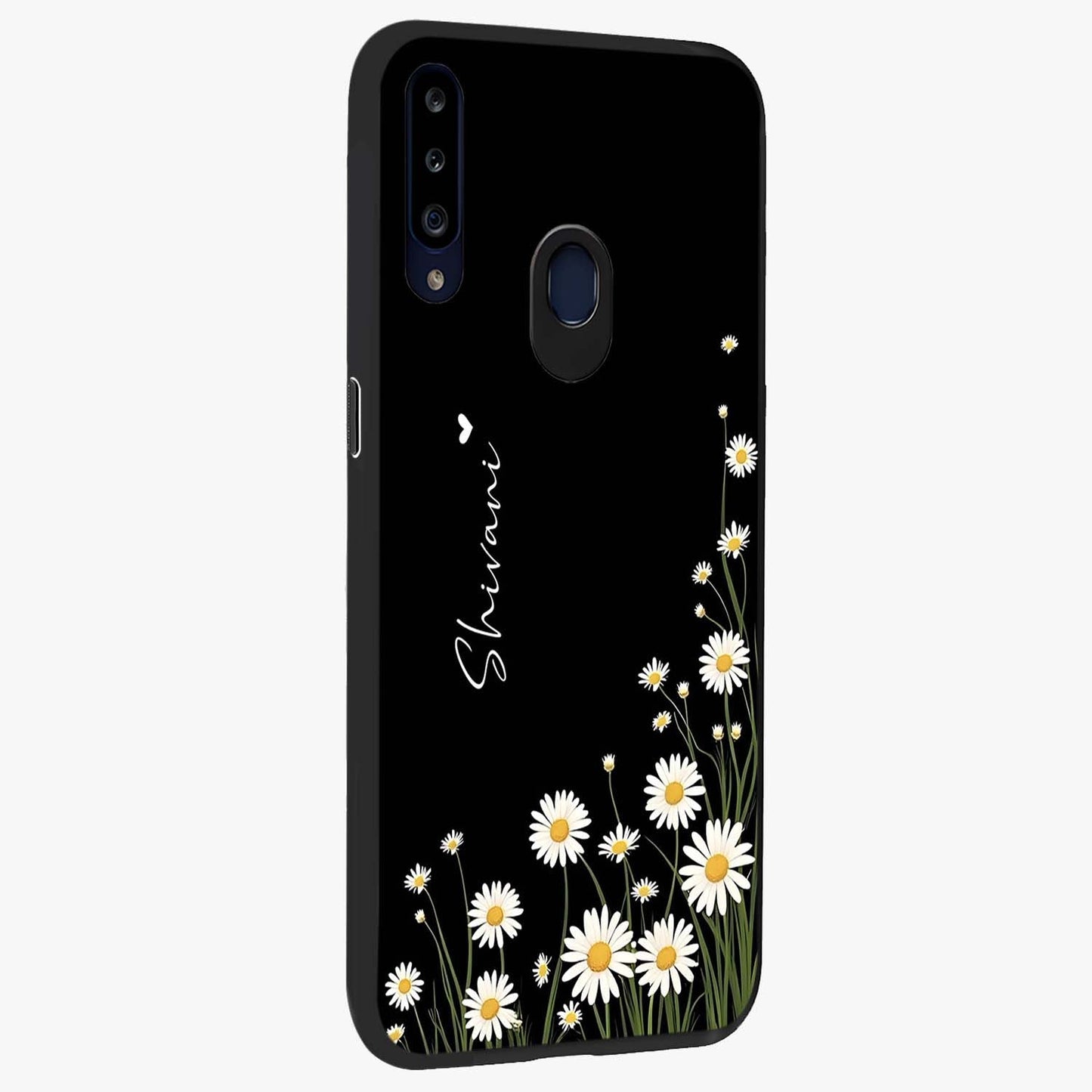 Daisy Cascade Custom Name Glass Case upright view showcasing elegant floral cascade design with personalized aesthetic.