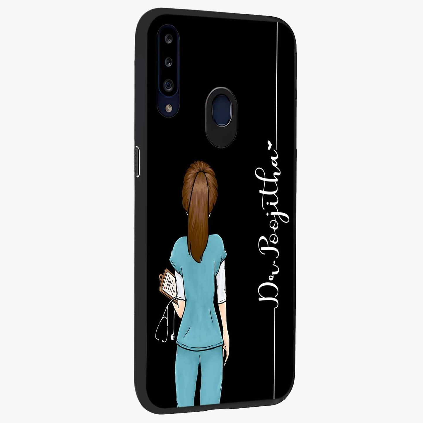 Doctor Pattern Custom Name Glass Case upright view showcasing healthcare themed design with personalized aesthetic.