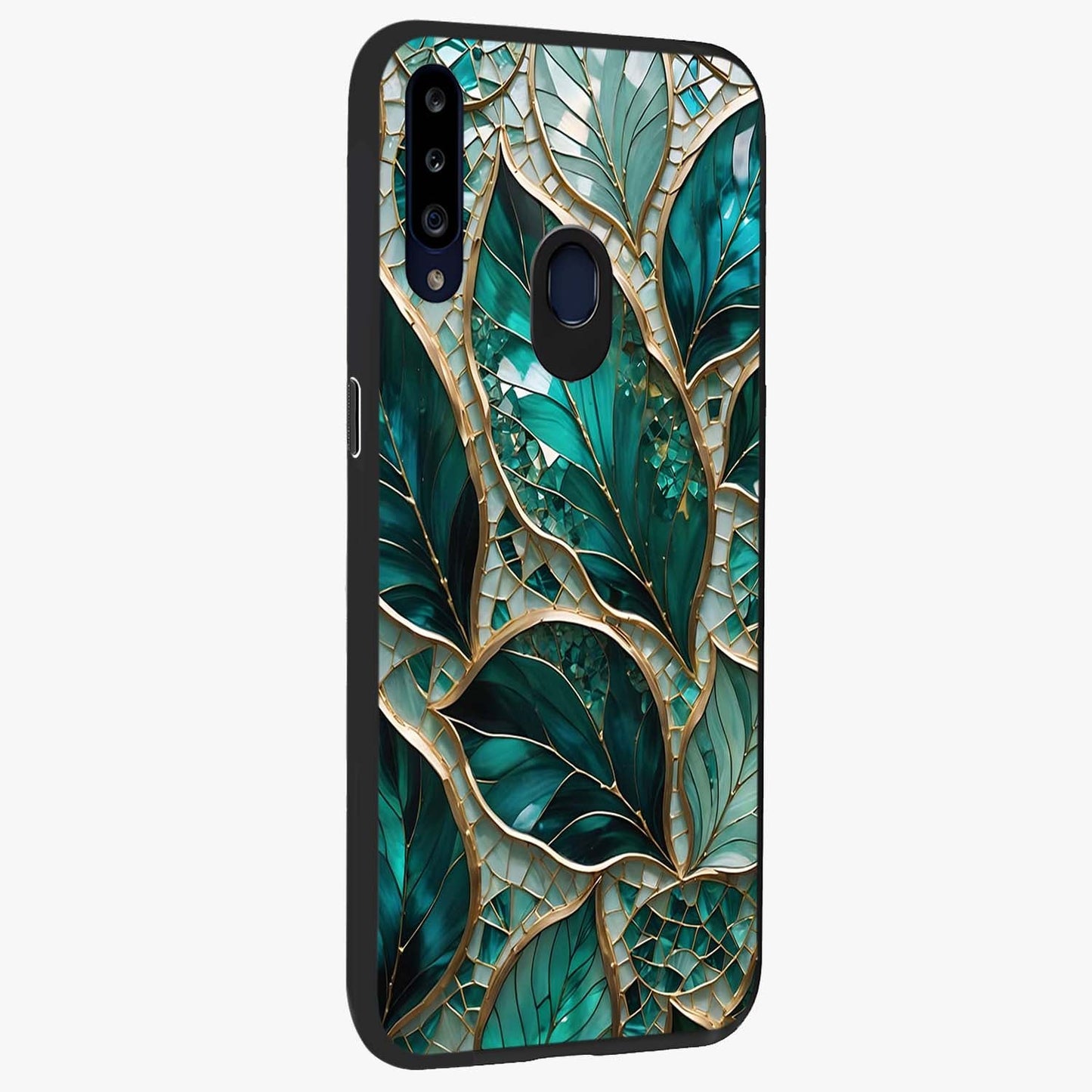 Emerald Leaf Glass Glass Case upright view showcasing fresh green leaf artwork with calming nature inspired style.