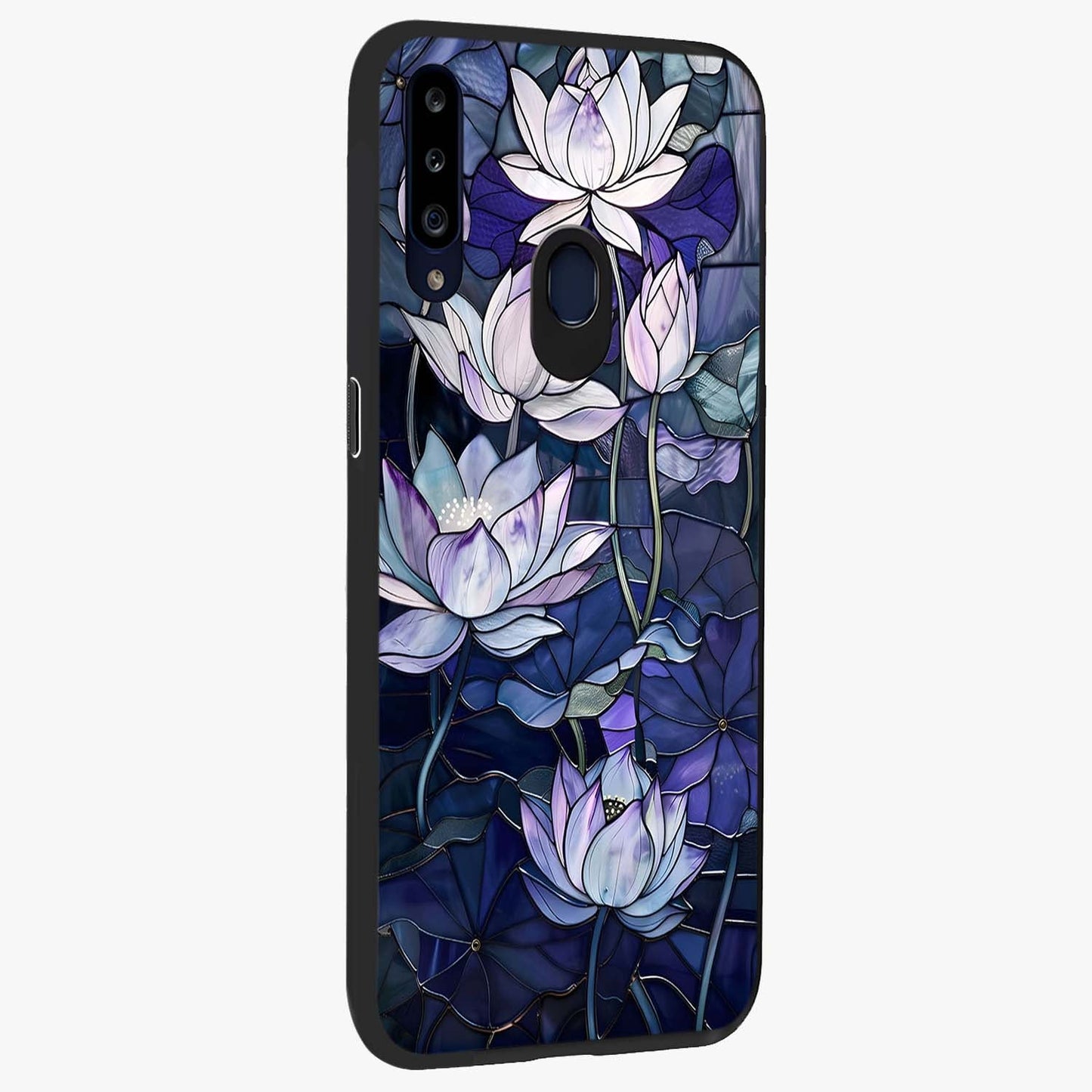 Gloss Petal Rush Glass Case upright view showcasing dynamic floral petal artwork with modern botanical theme.