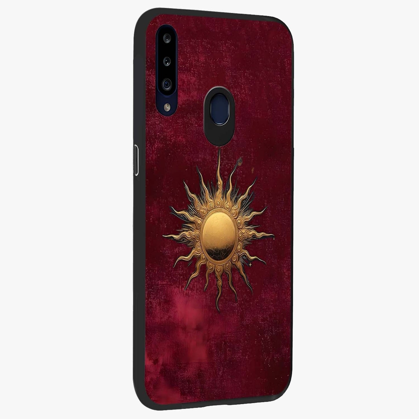 Golden Sun Minimalism Glass Case upright view showcasing simple golden sun artwork with elegant minimalist style.