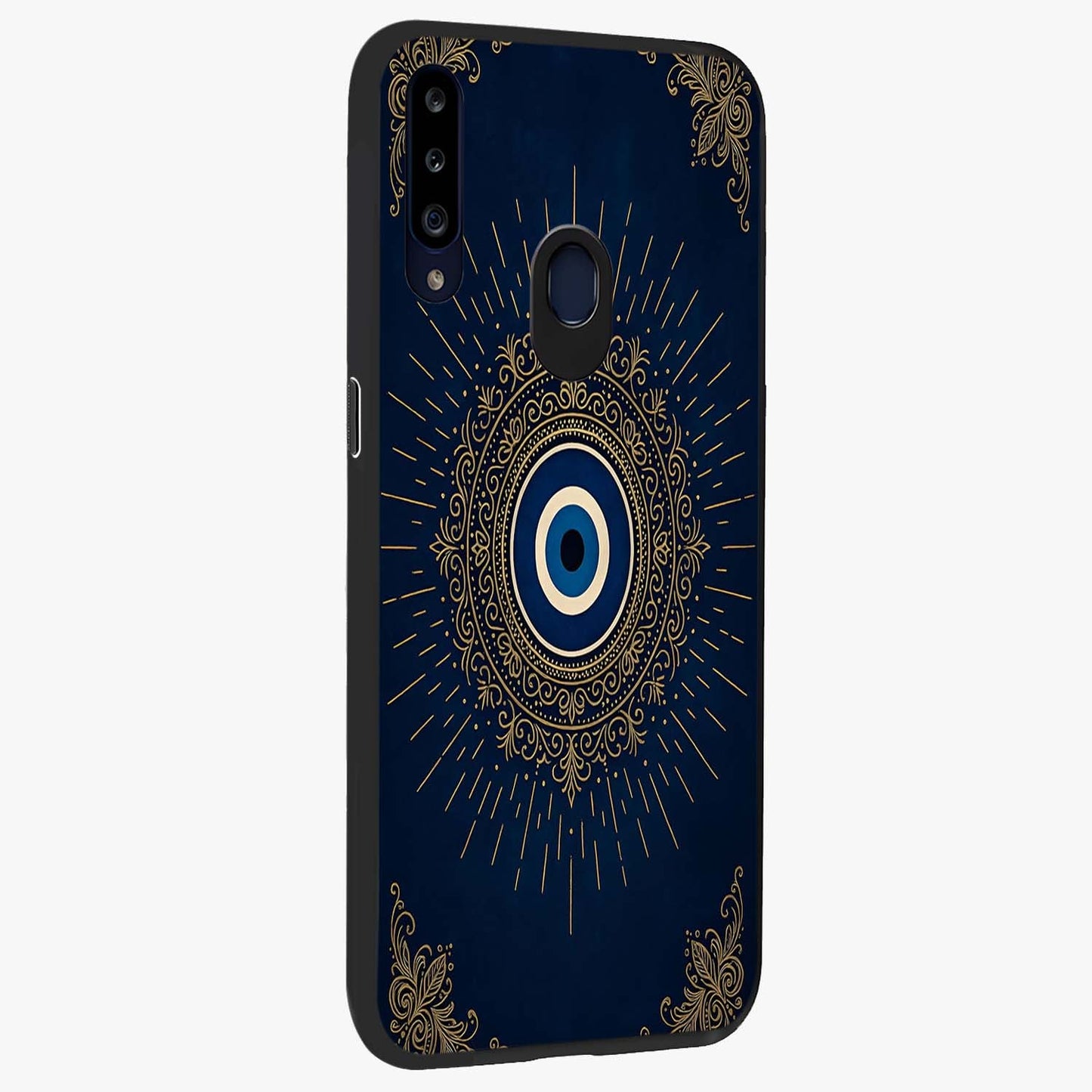 Golden Celestial Charm Glass Case upright view showcasing radiant celestial artwork with elegant golden theme.