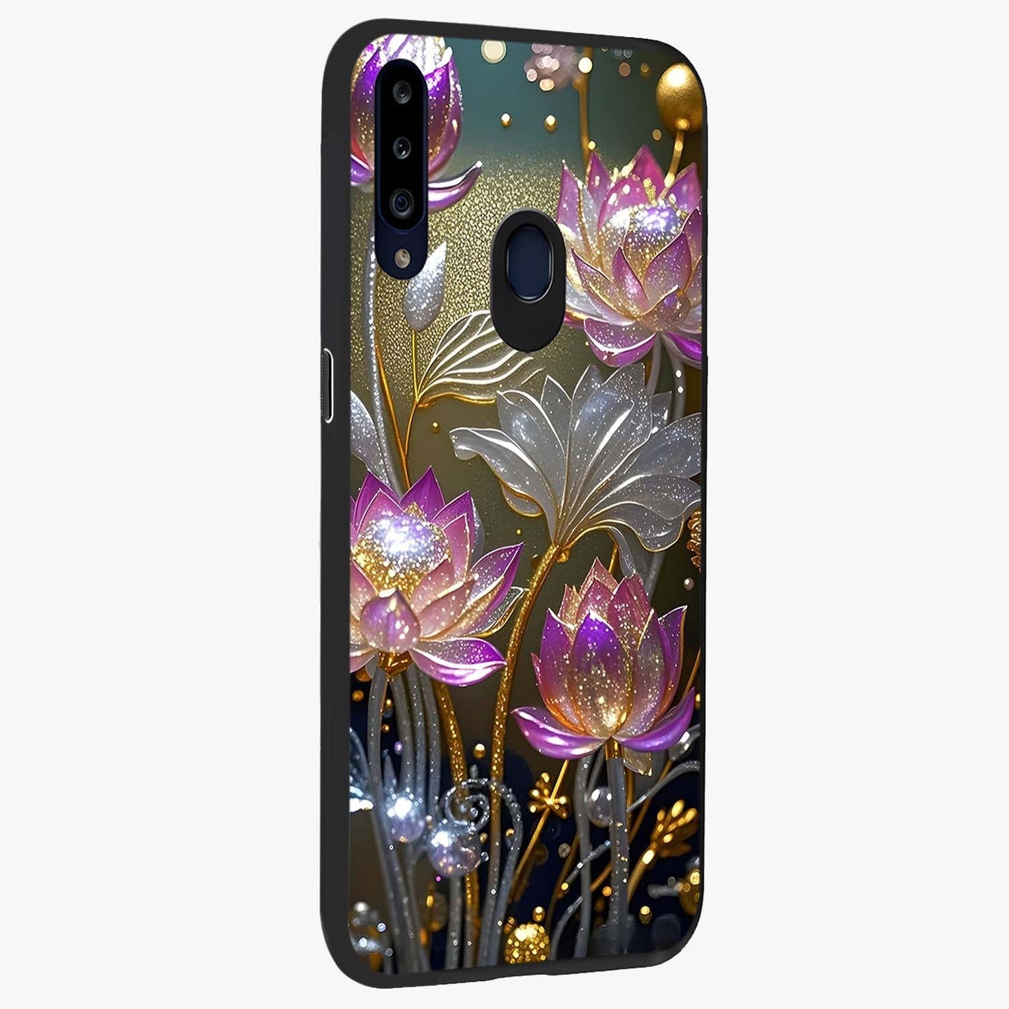 Golden Floral Majesty Glass Case upright view showcasing majestic floral artwork with rich decorative theme.