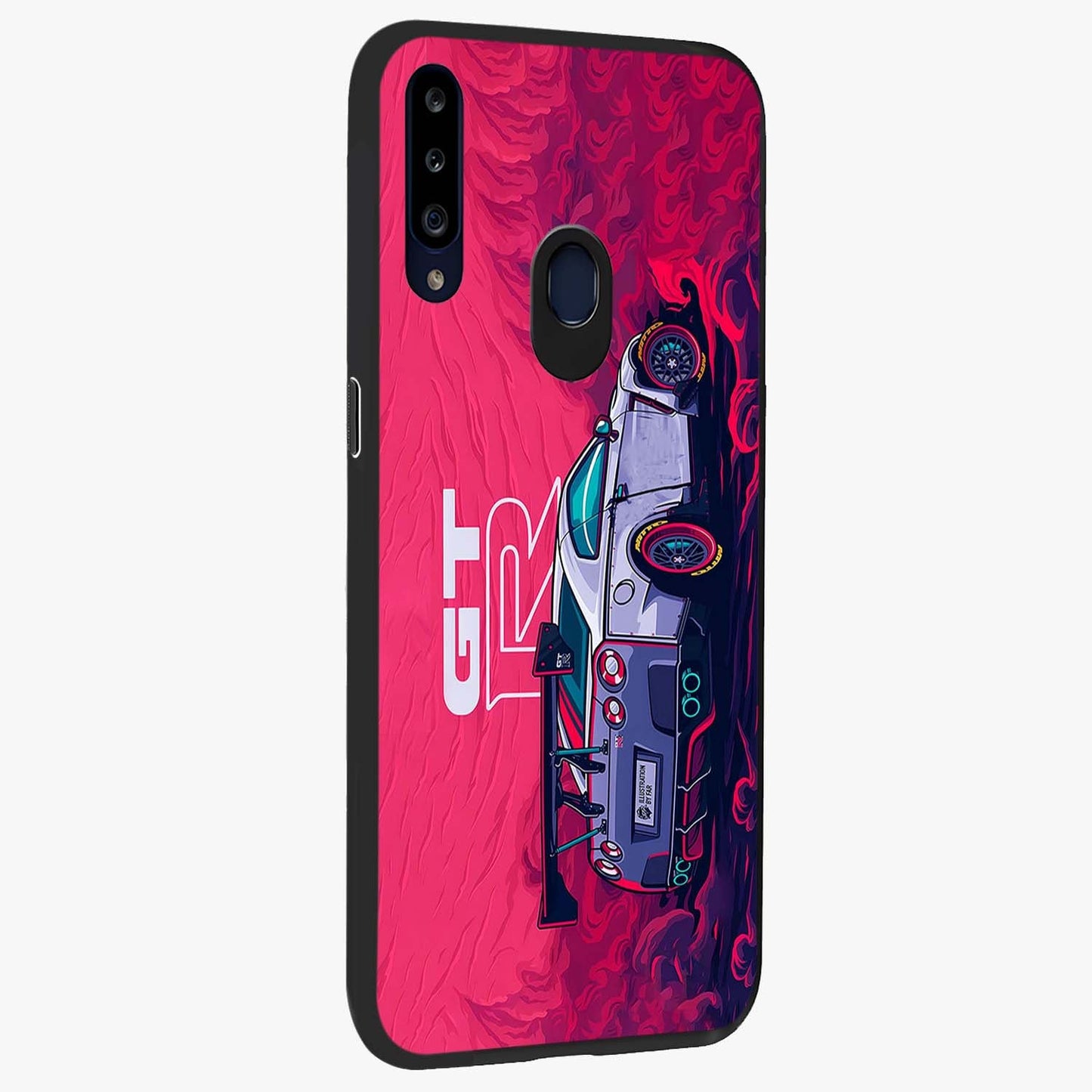 GT-R Car Pattern Glass Case upright view showcasing dynamic car pattern artwork with modern sports theme.