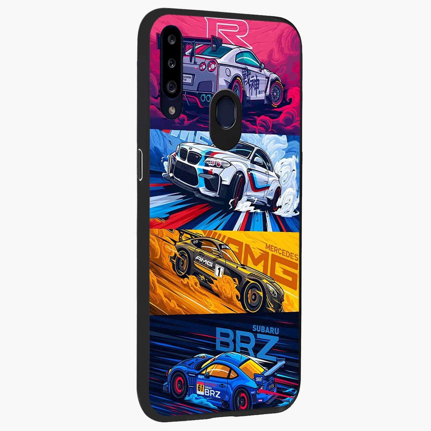 JDM Sports Car Glass Case upright view showcasing dynamic sports car artwork with bold racing theme.