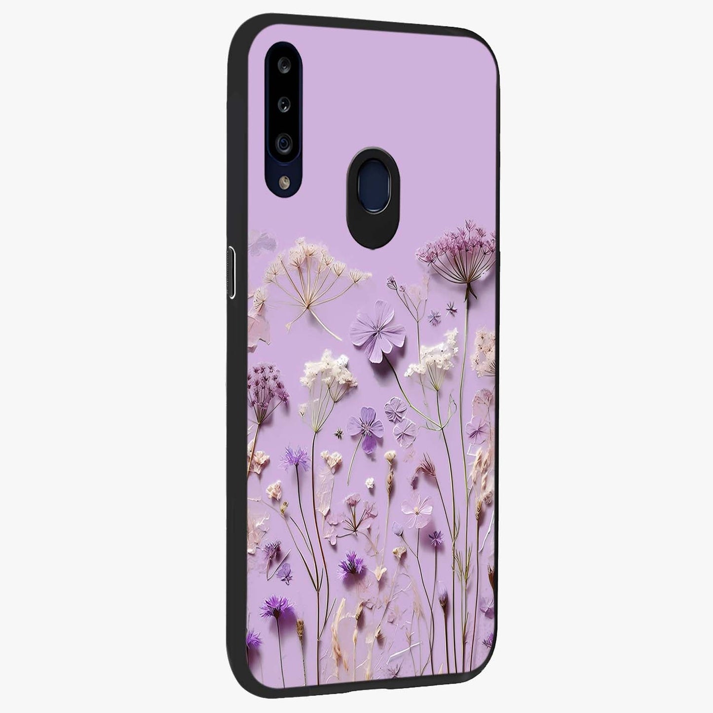 Lavender Blossom Dream Glass Case upright view showcasing delicate lavender blossom artwork with peaceful floral theme.