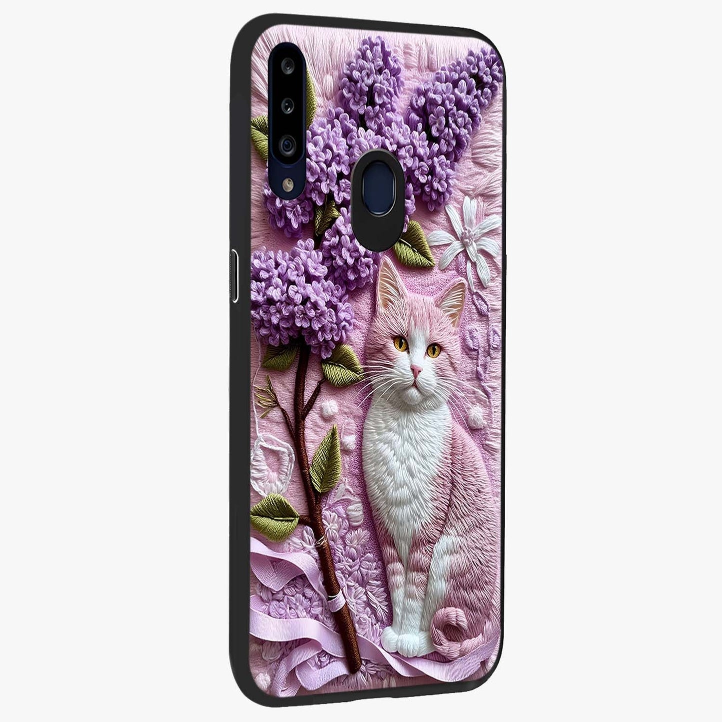 Lavender Cat Whimsy Glass Case upright view showcasing charming cat artwork with whimsical lavender theme.