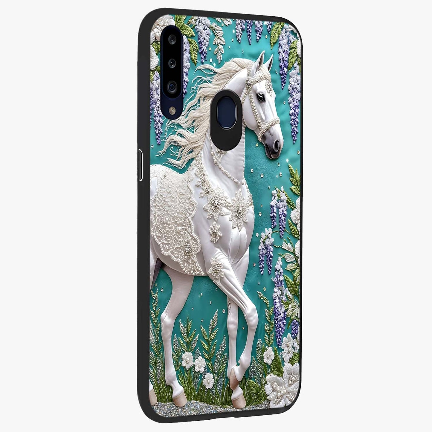 Majestic Floral Stallion Glass Case upright view showcasing dramatic horse artwork with decorative floral theme.