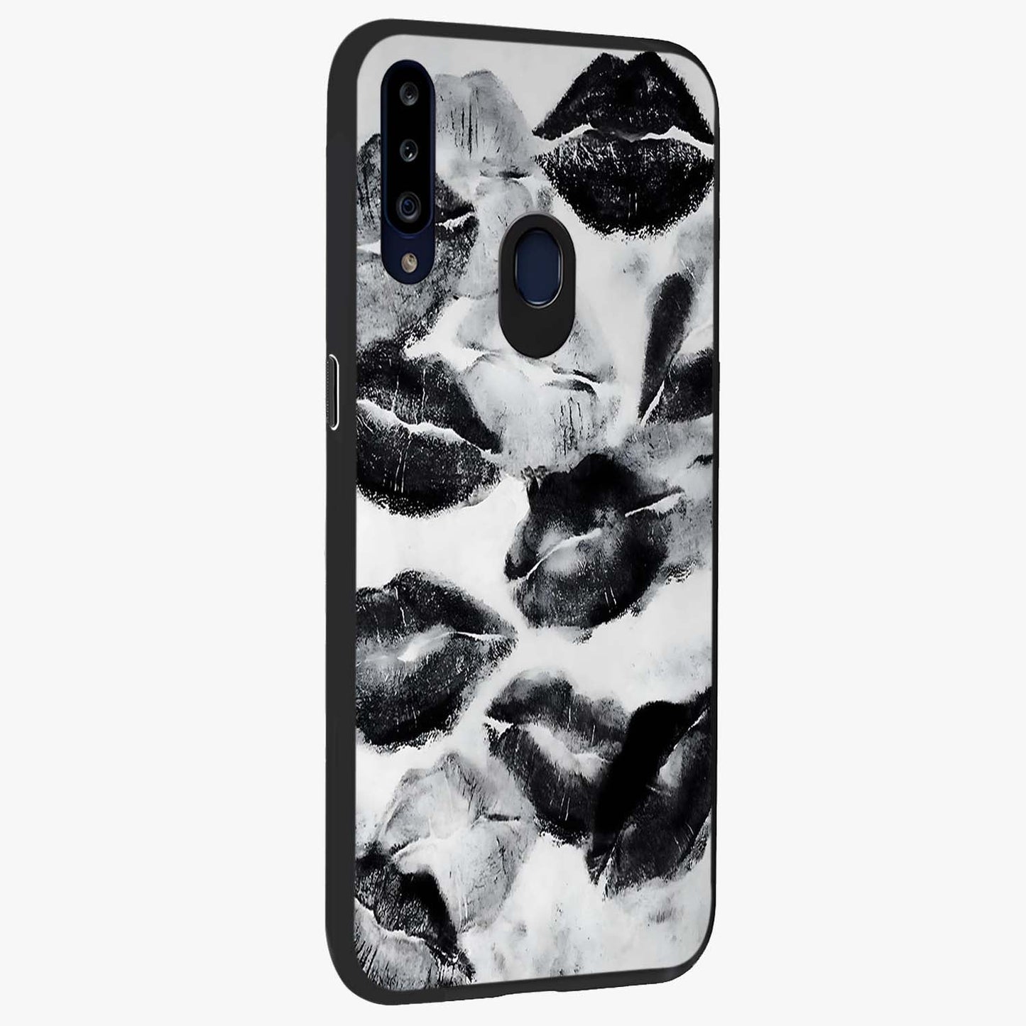 Midnight Kiss Marks Glass Case upright view showcasing stylish kiss mark artwork with trendy romantic theme.