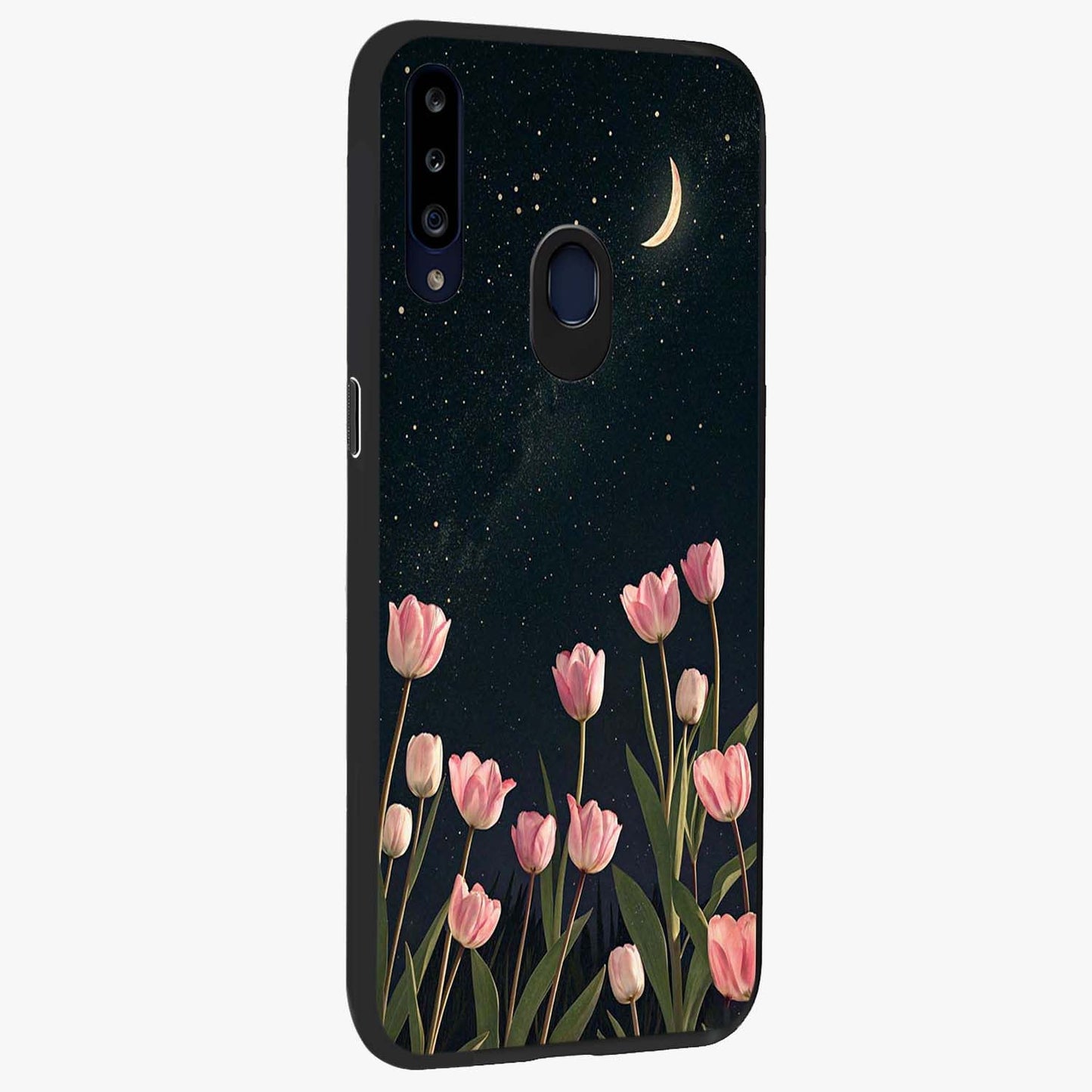 Midnight Tulip Whispers Vibe Glass Case upright view showcasing graceful tulip artwork with calm botanical theme.
