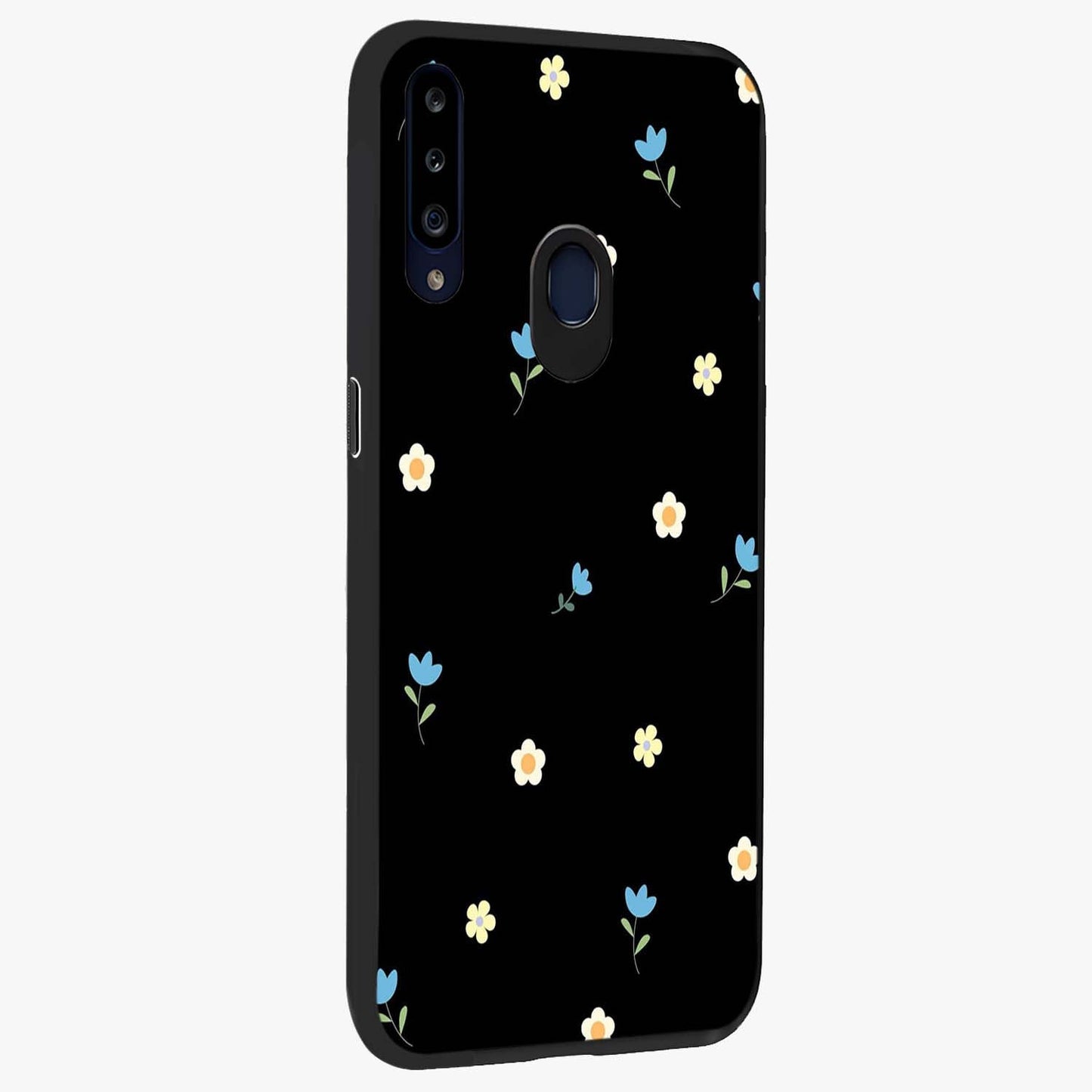 Minimal Petal Whispers Glass Case upright view showcasing elegant floral artwork with modern minimalist style.