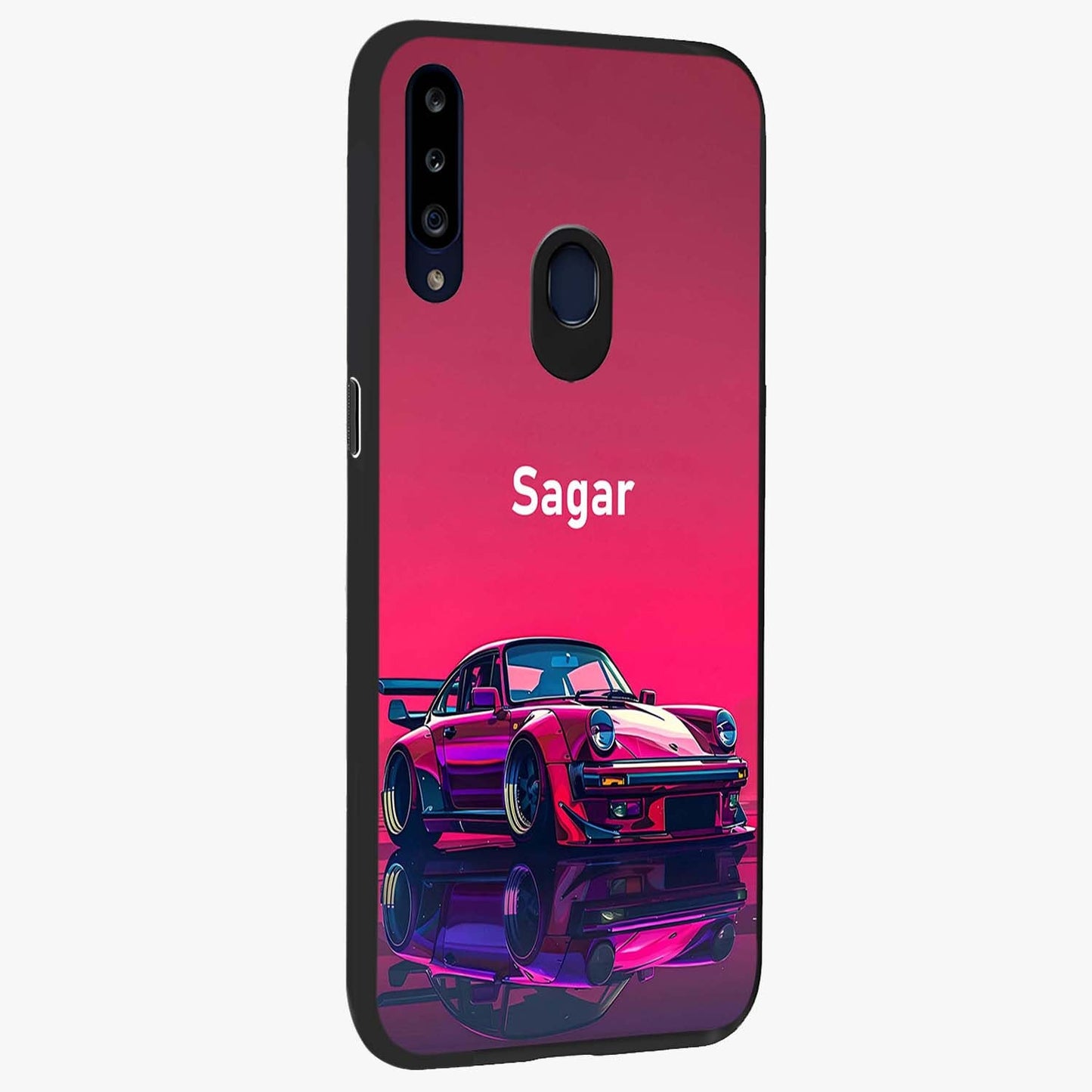 Neon Pink Porsche Glass Case upright view showcasing vibrant sports car artwork with bold automotive theme.