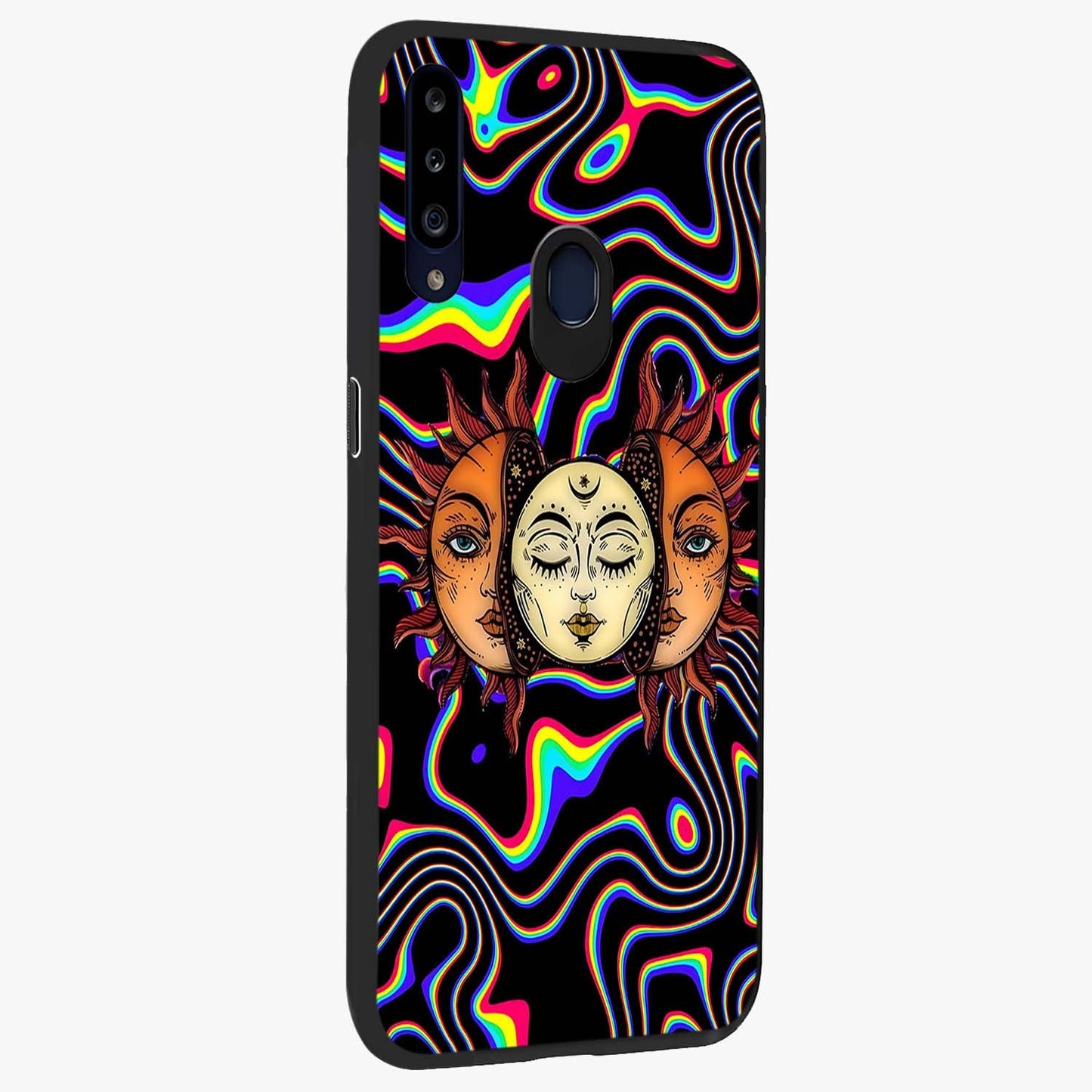 Psychedelic Sun Glass Case upright view showcasing trippy sun artwork with bold psychedelic theme.