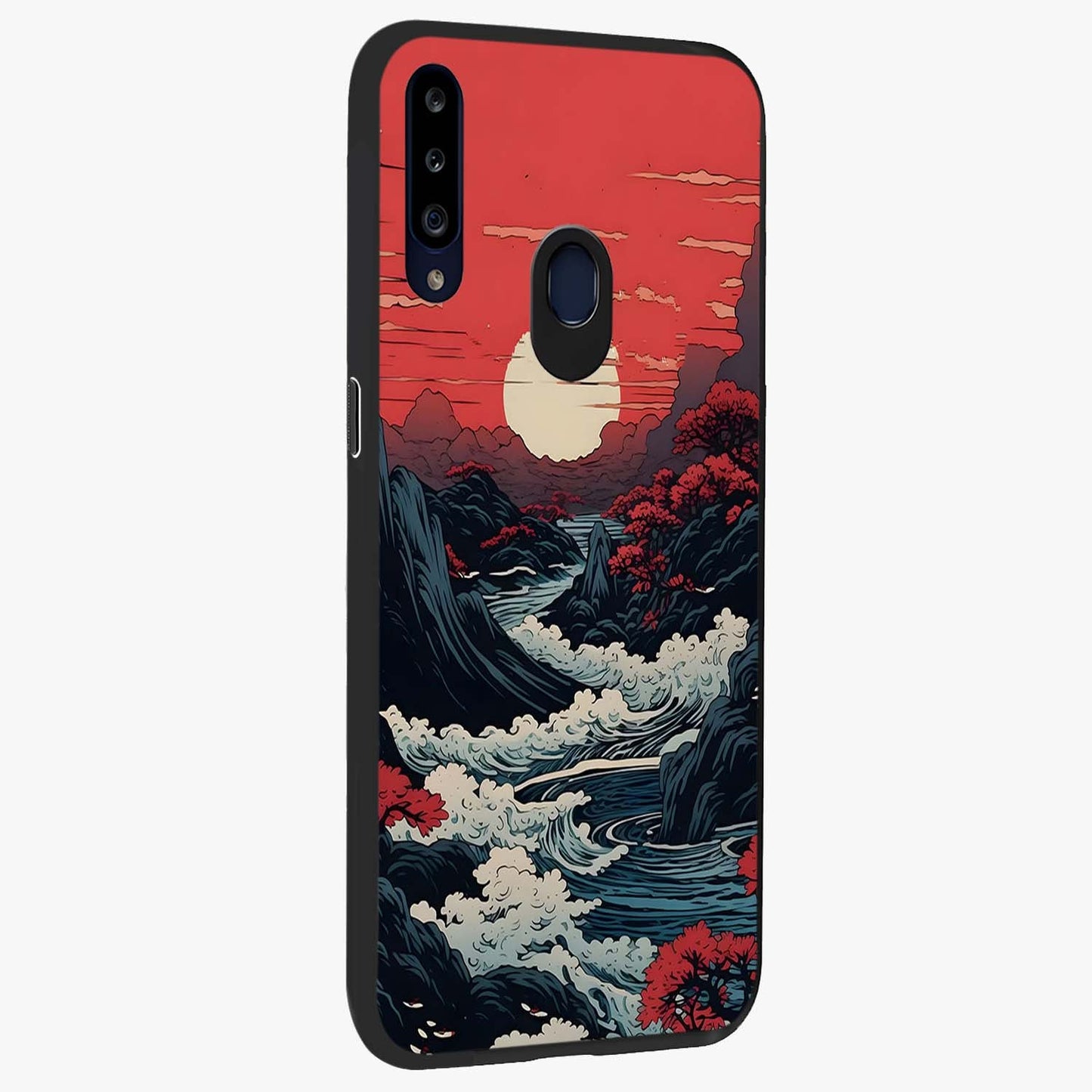 Red Sunset Scenery Glass Case upright view showcasing dramatic sunset scenery artwork with warm nature theme.