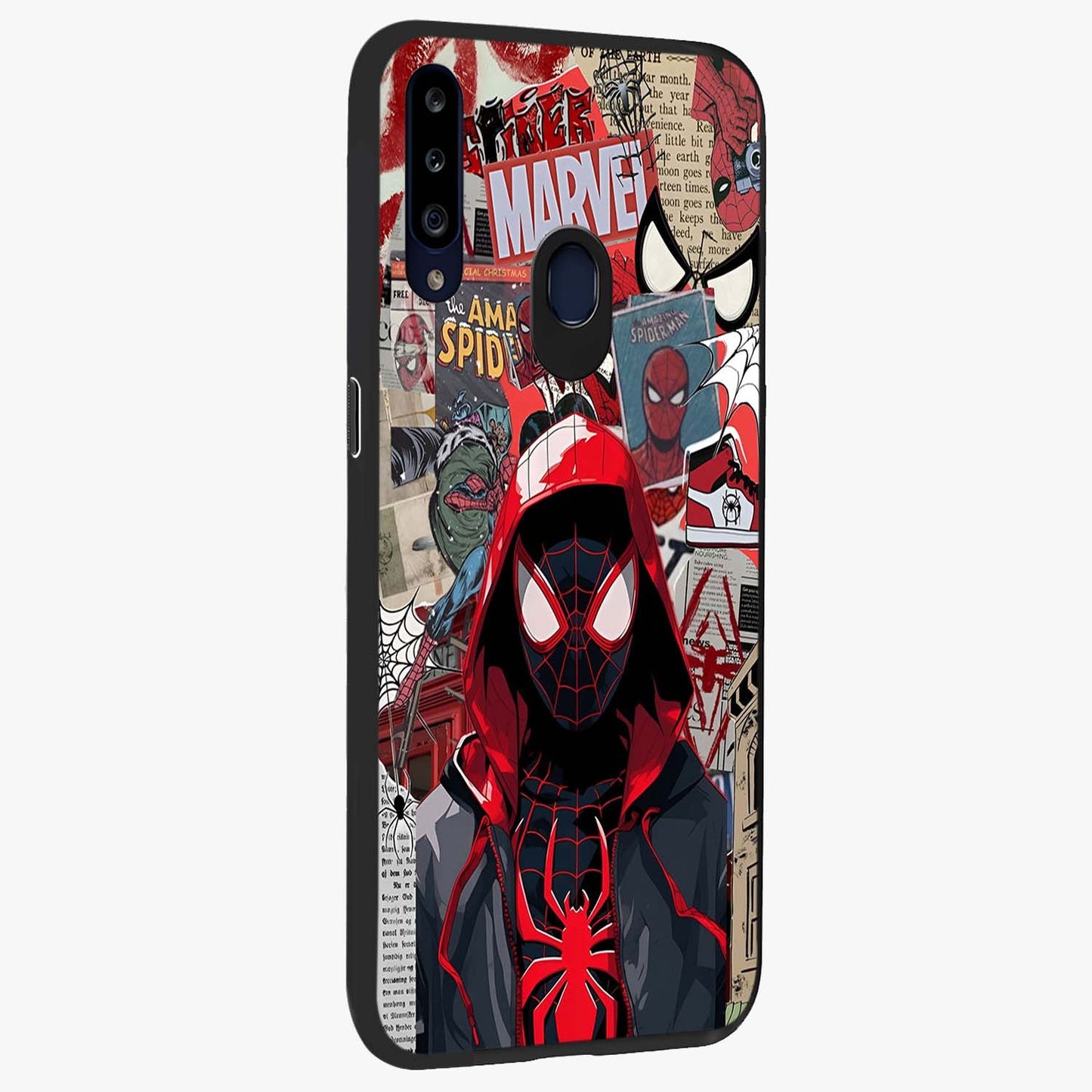 Spider Collage Street Glass Case upright view showcasing bold superhero artwork with urban street theme.