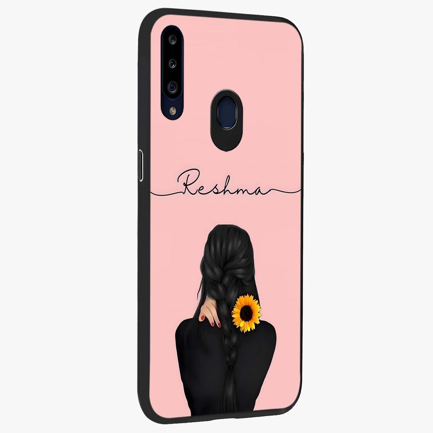 Sunflower Braid Beauty With Custom Name Glass Case upright view showcasing bright sunflower artwork with personalized floral aesthetic.