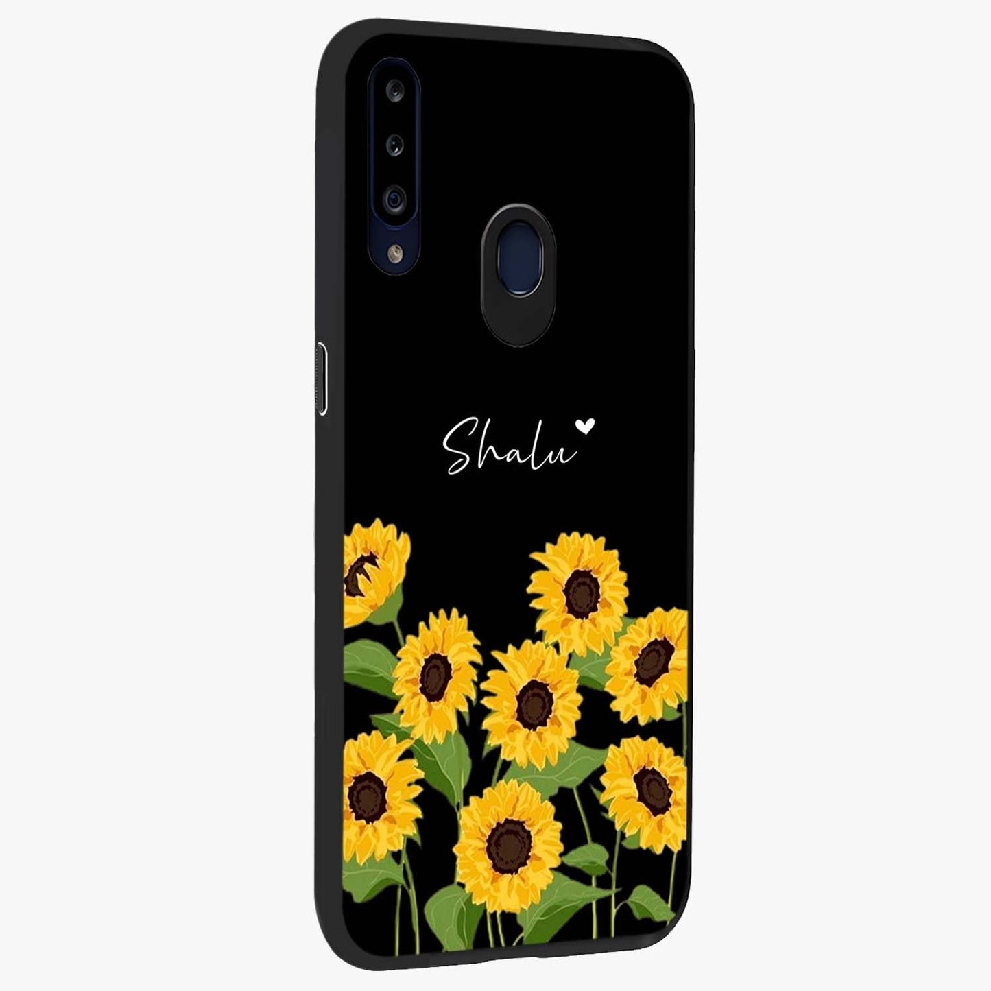 Sunflower Chic Mood Custom Name Glass Case upright view showcasing cheerful sunflower artwork with trendy floral theme.