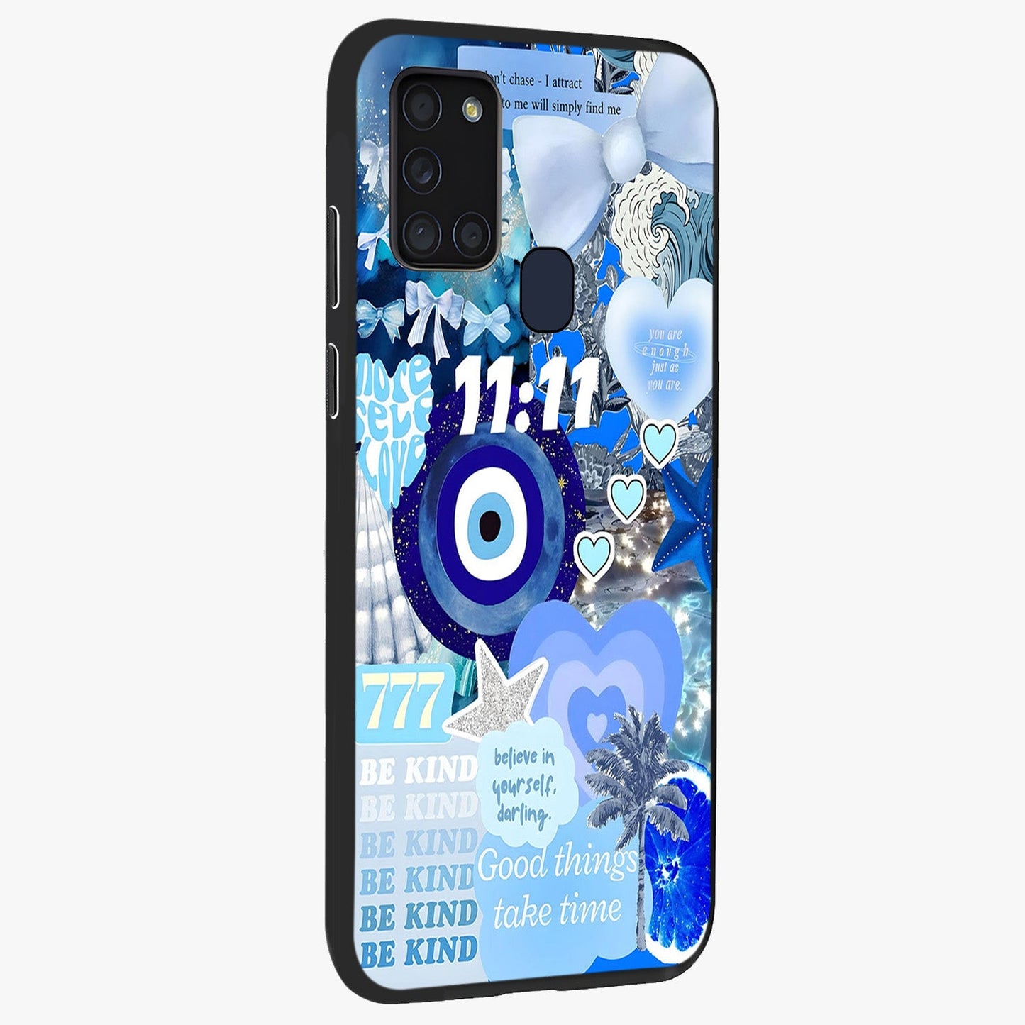 Aesthetic Be Kind Eye Glass Case upright view showcasing stylish eye illustration with positive message theme.