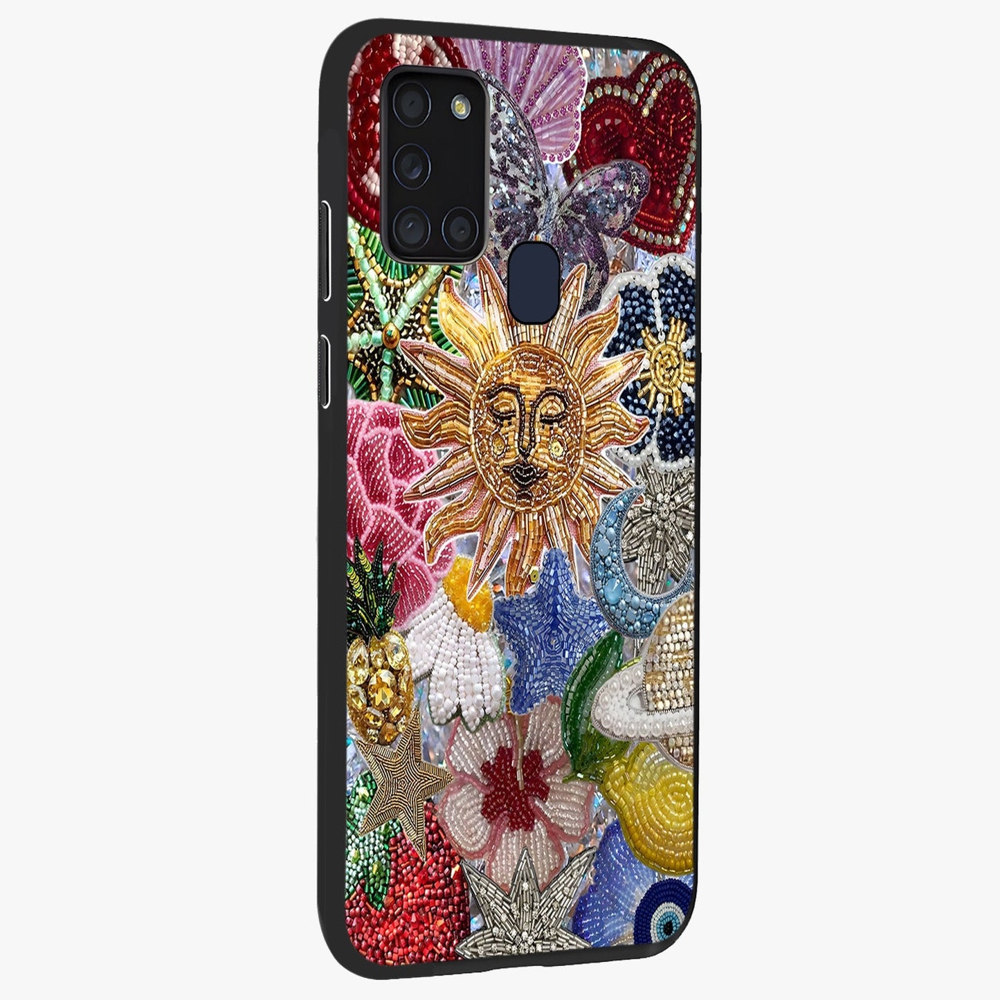 Celestial Floral and Playful Glass Case upright view showcasing whimsical floral artwork with cosmic aesthetic theme.