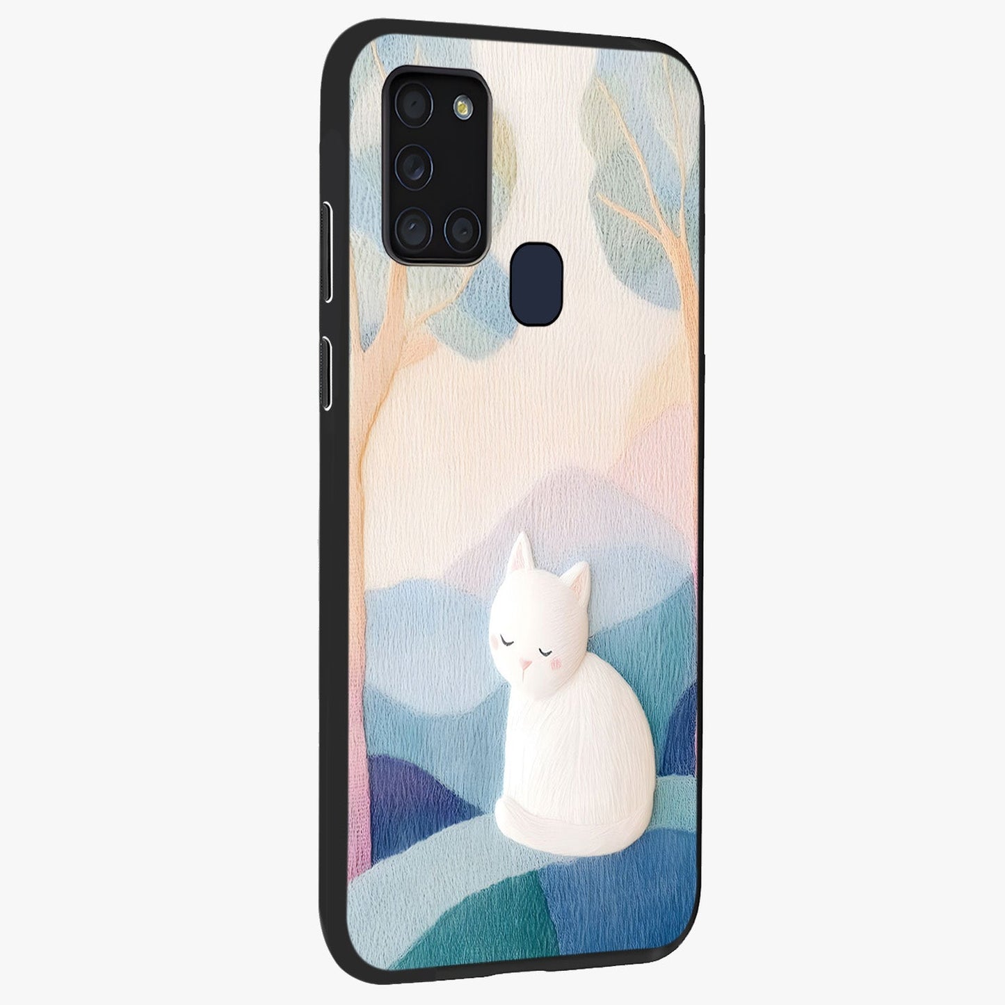 Cotton Dream Cat Glass Case upright view showcasing charming cat artwork with cozy dreamy theme.