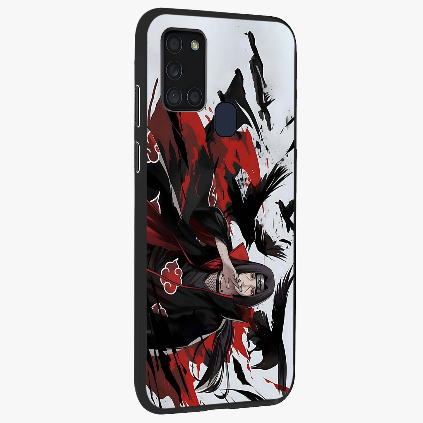Crimson Crow Illusion Glass Case upright view showcasing striking crow illusion artwork with intense crimson theme.