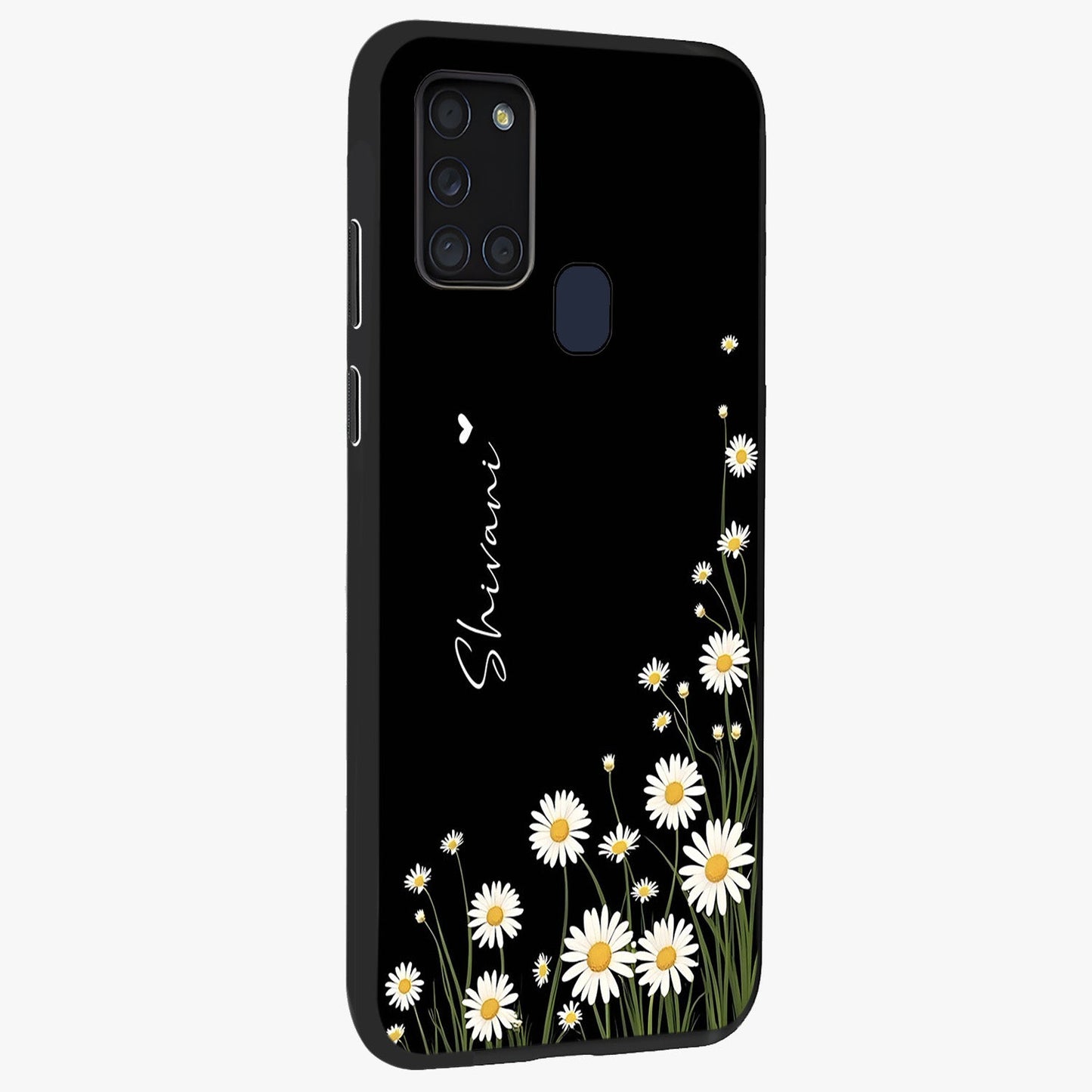 Daisy Cascade Custom Name Glass Case upright view showcasing elegant floral cascade design with personalized aesthetic.