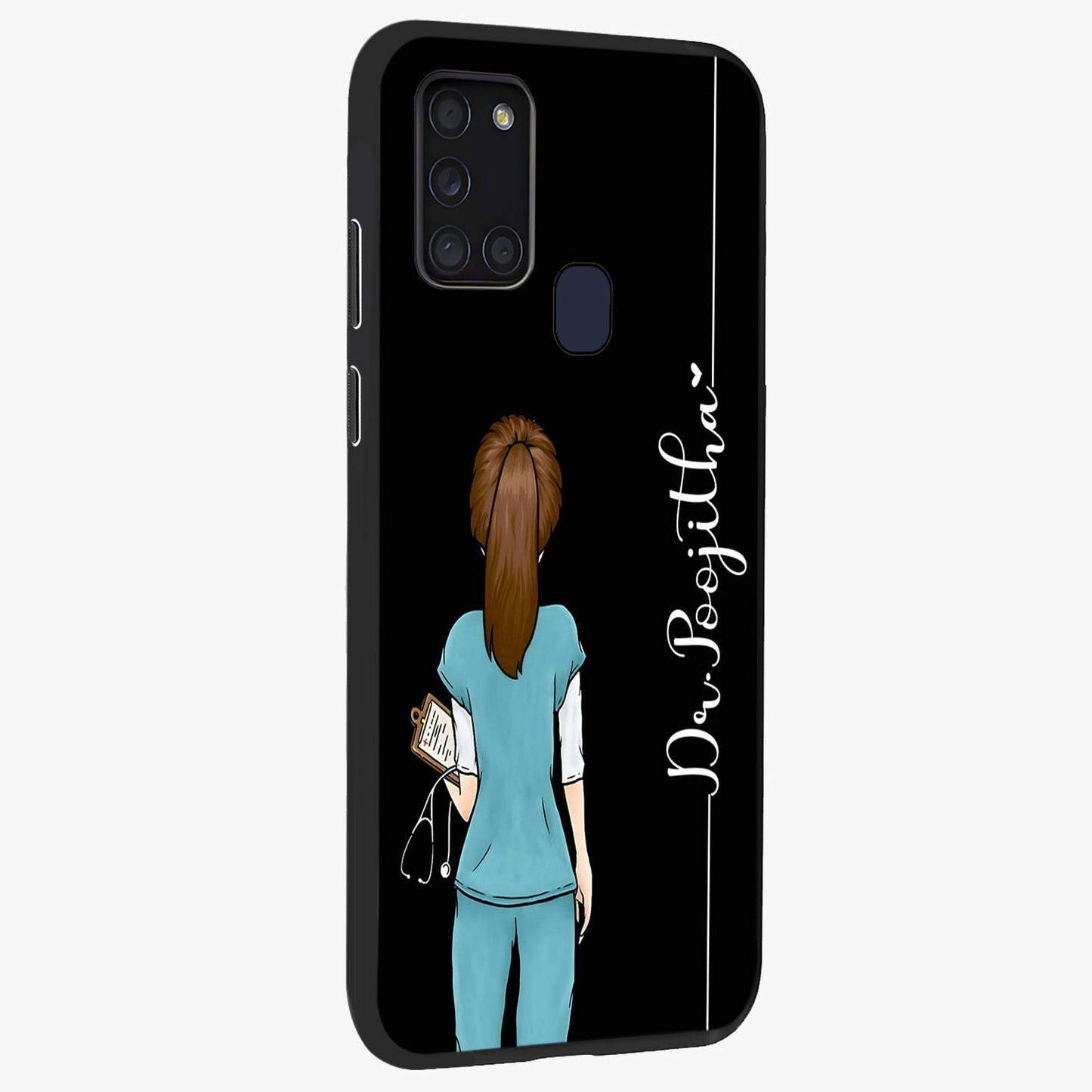 Doctor Pattern Custom Name Glass Case upright view showcasing healthcare themed design with personalized aesthetic.