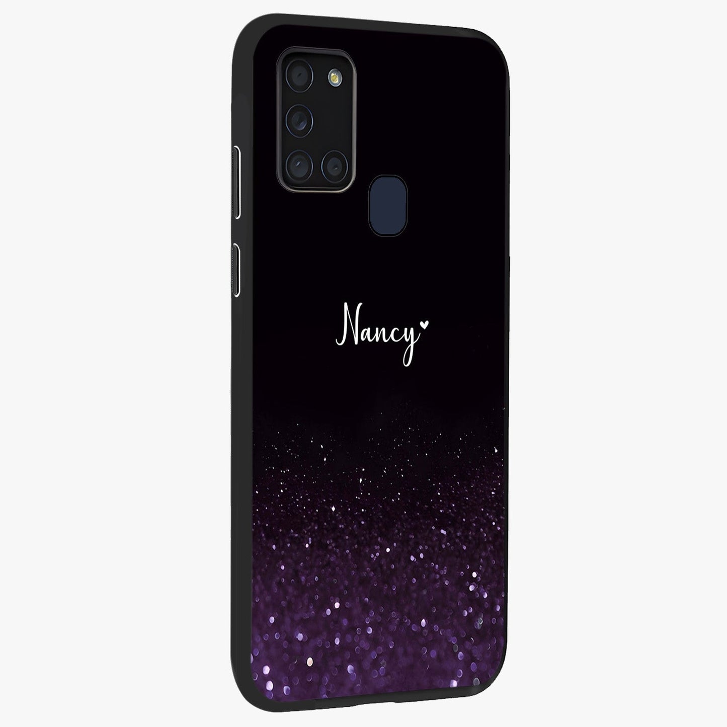 Glittery Purple Bokeh Custom Name Glass Case upright view showcasing vibrant purple sparkle artwork with personalized aesthetic style.