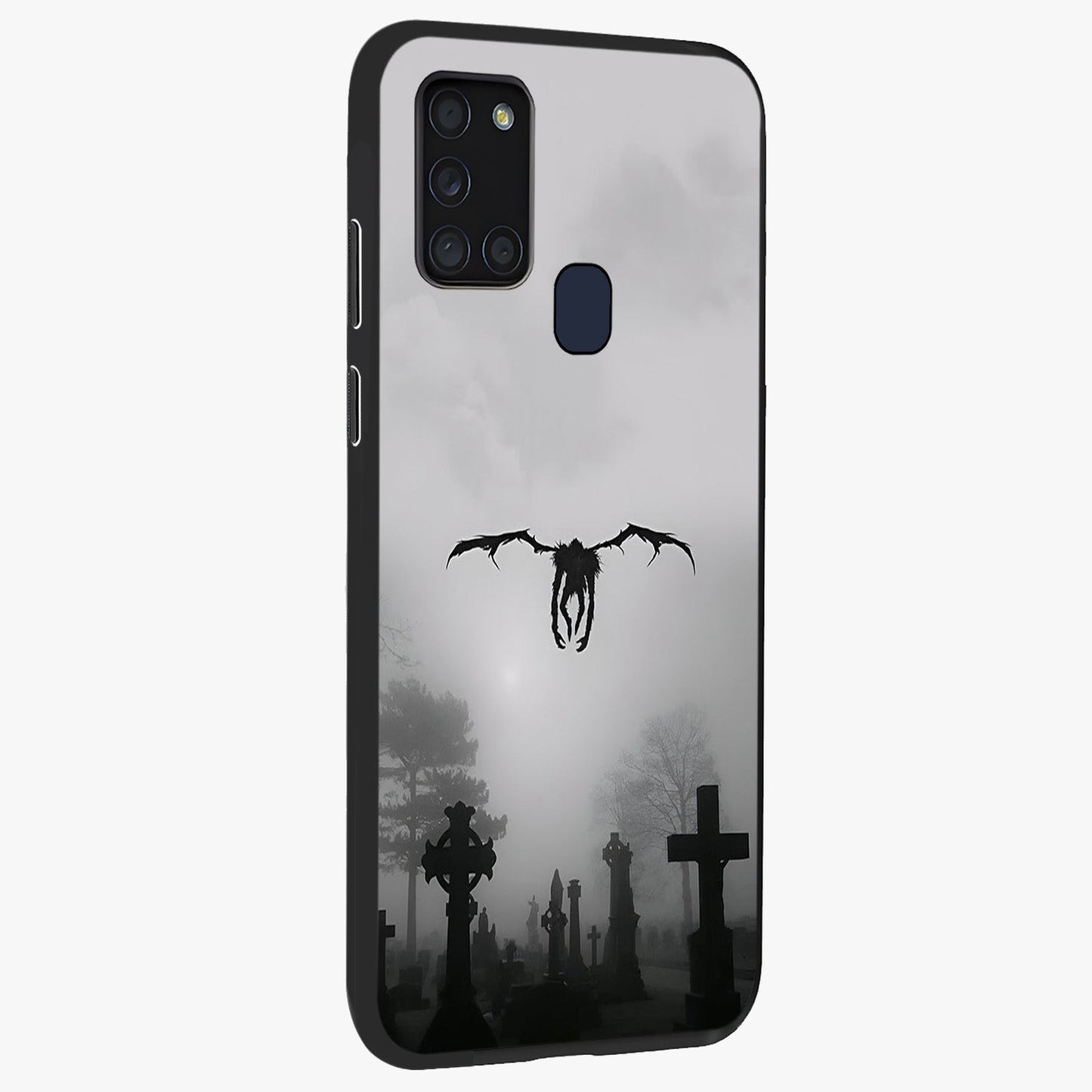 Graveyard Shadow Descent Glass Case upright view showcasing haunting graveyard artwork with dramatic dark theme.
