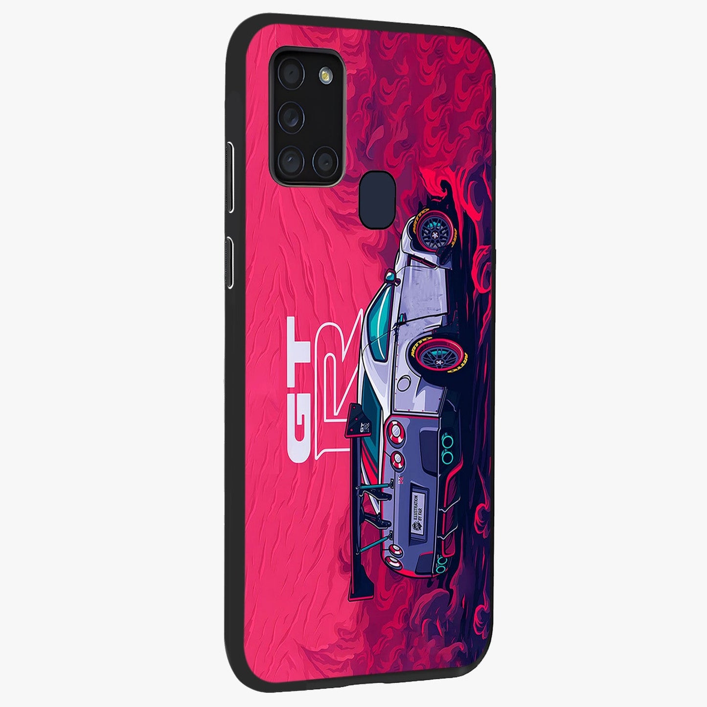GT-R Car Pattern Glass Case upright view showcasing dynamic car pattern artwork with modern sports theme.