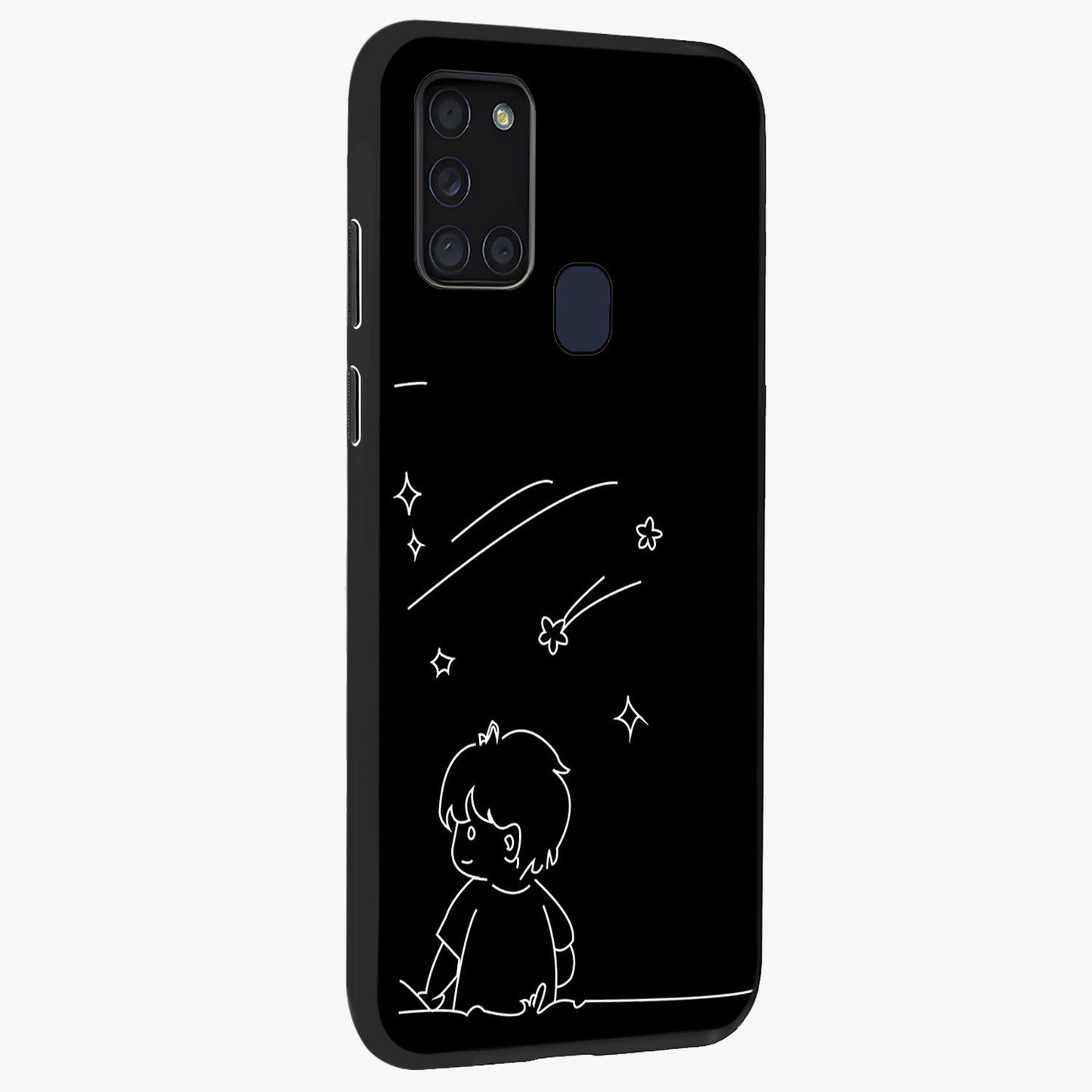 Line Art Boy With Shooting Stars Glass Case upright view showcasing artistic shooting star illustration with minimal style.