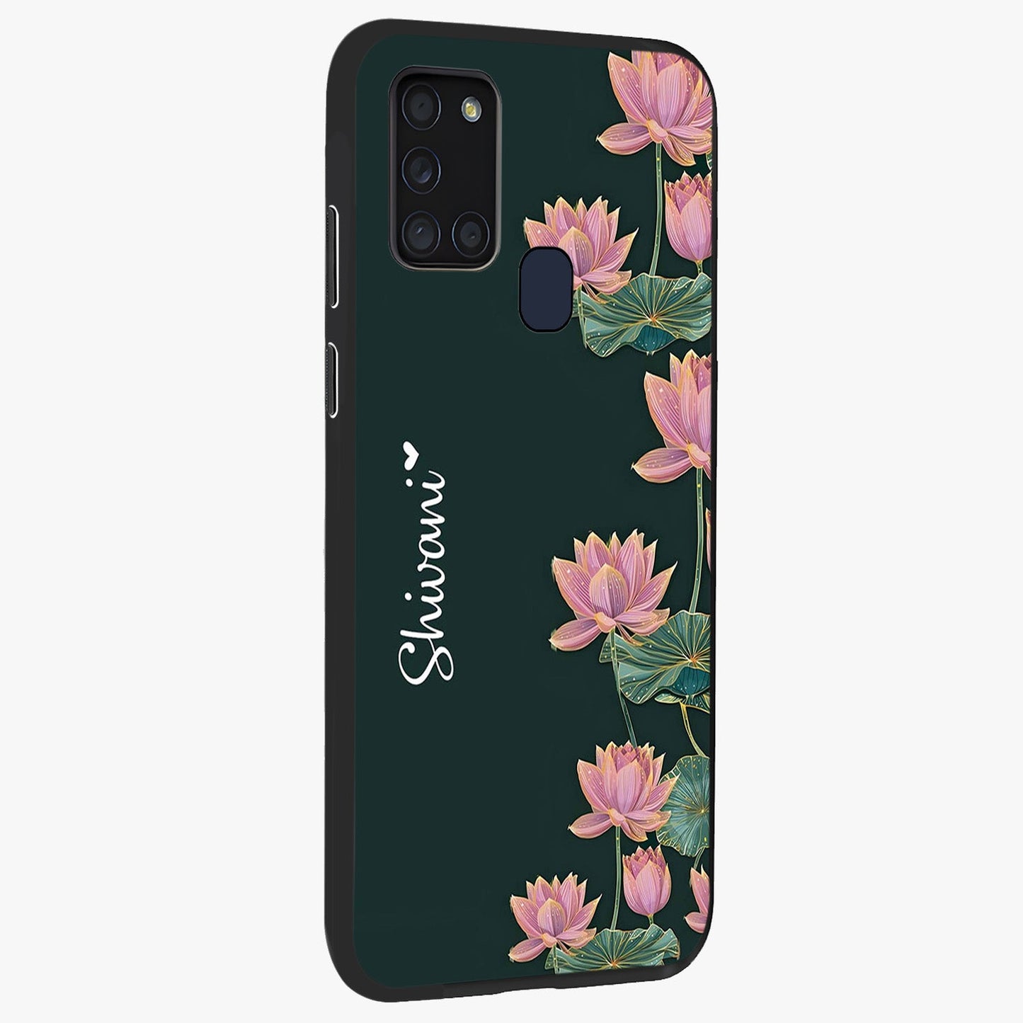 Lotus Bloom Serenity Custom Name Glass Case upright view showcasing serene lotus bloom artwork with personalized floral aesthetic.