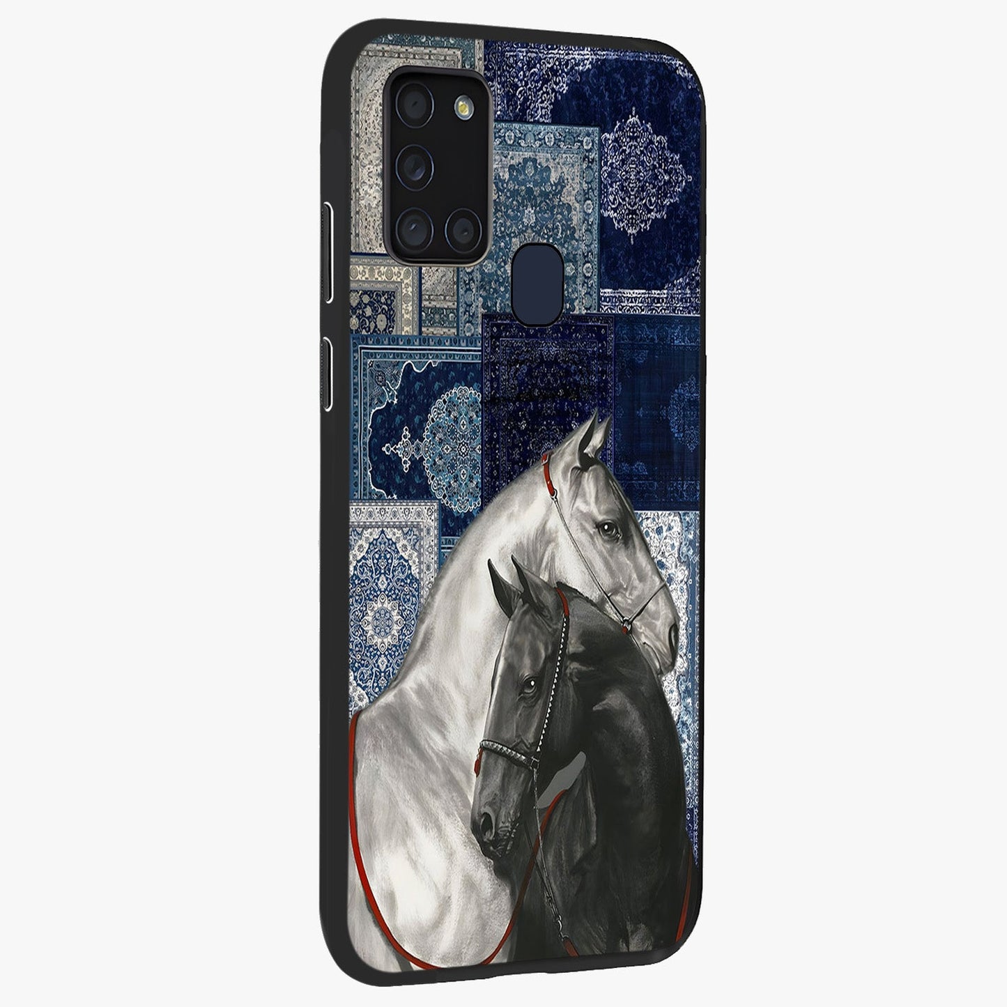 Midnight Stallion Blues Glass Case upright view showcasing dramatic horse artwork with bold artistic theme.