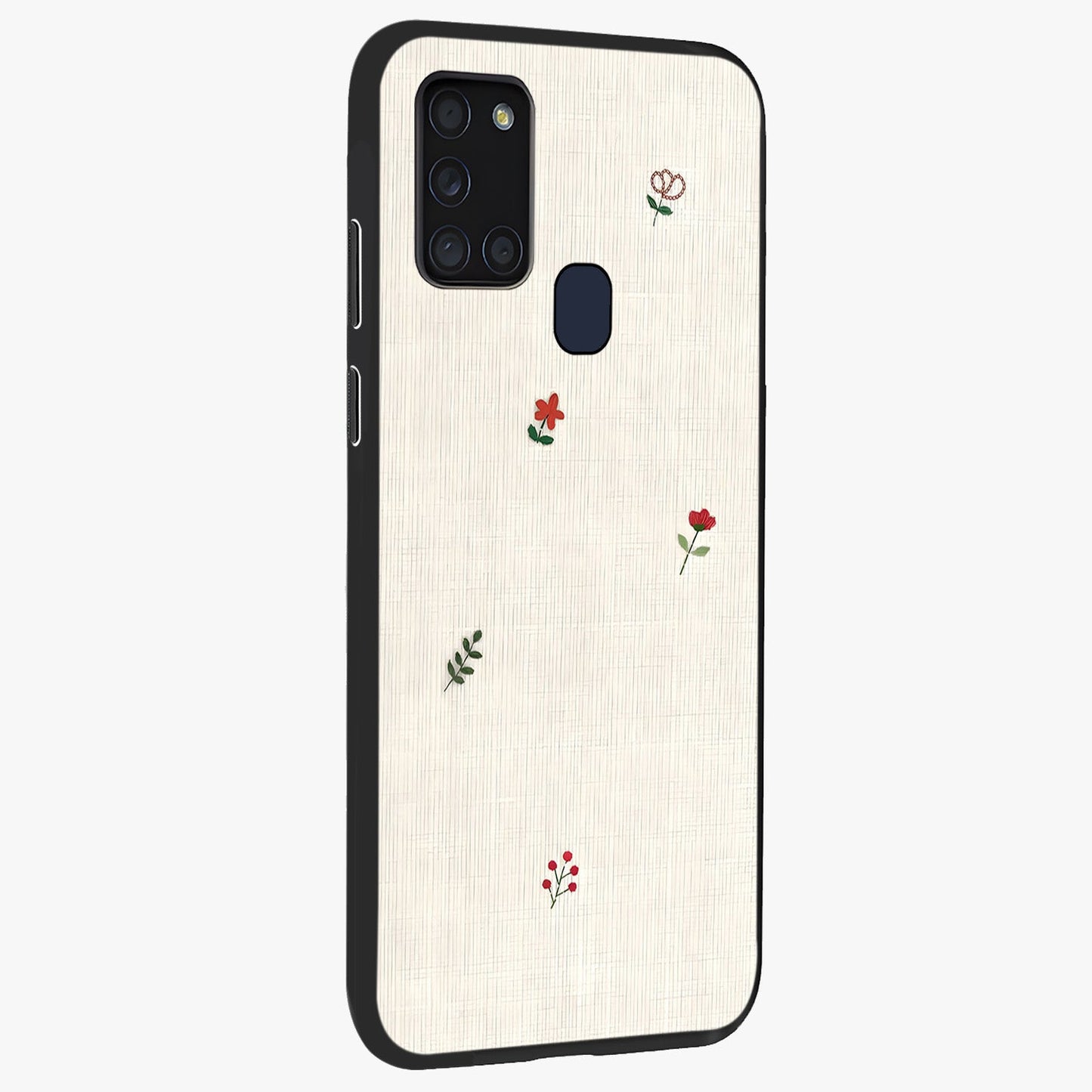 Minimalistic Blue With White Flower Pattern Glass Case upright view showcasing clean white flower artwork with calming blue theme.