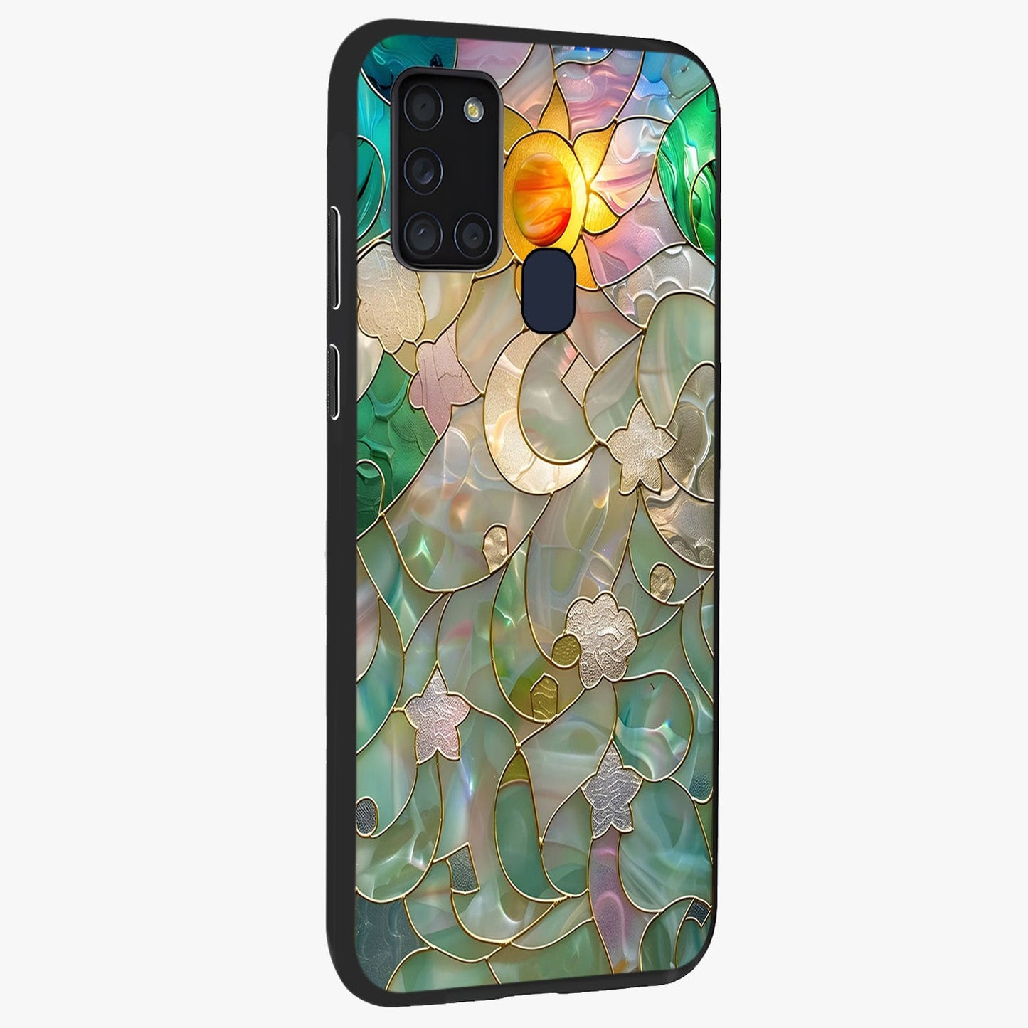 Stained Sunrise Glow Glass Case upright view showcasing colorful sunrise artwork with warm morning theme.