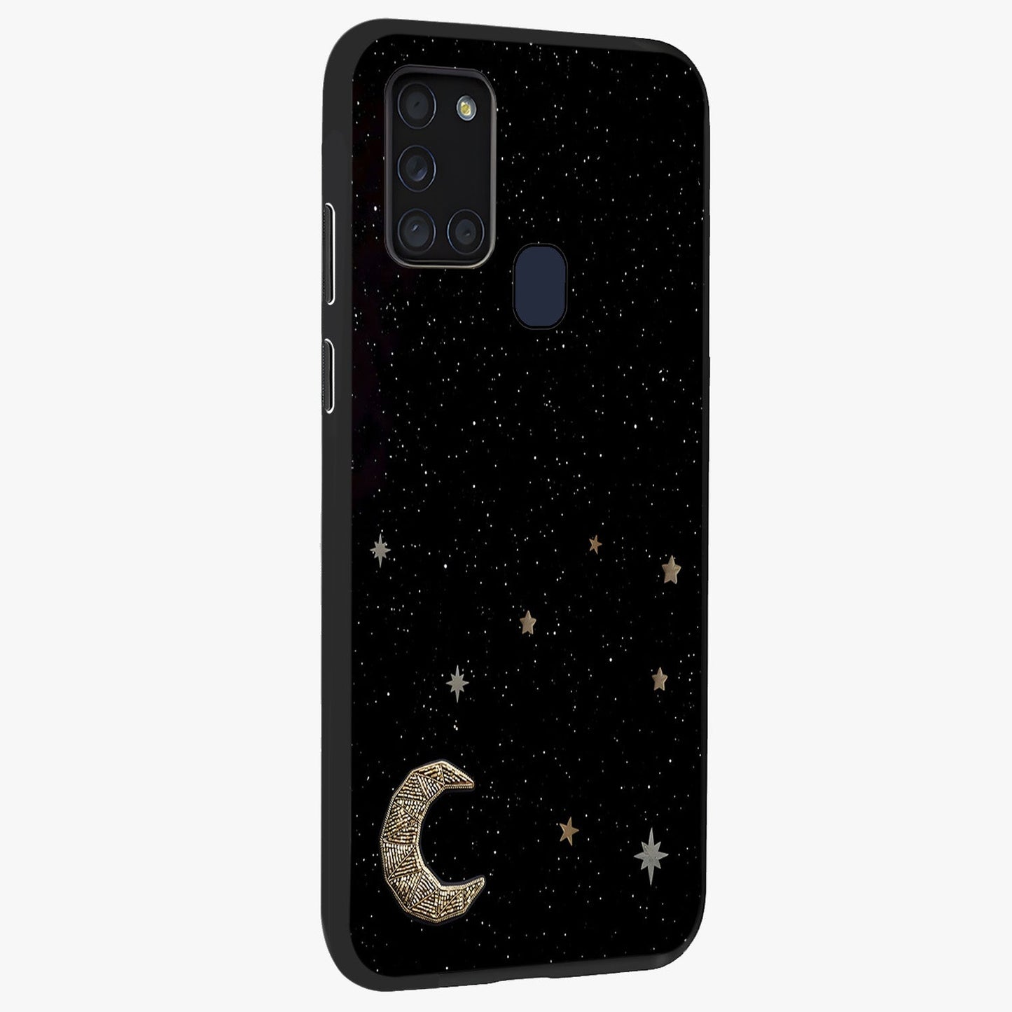 Twinkle Star With Half Moon Glass Case upright view showcasing glowing cosmic artwork with dreamy night theme.