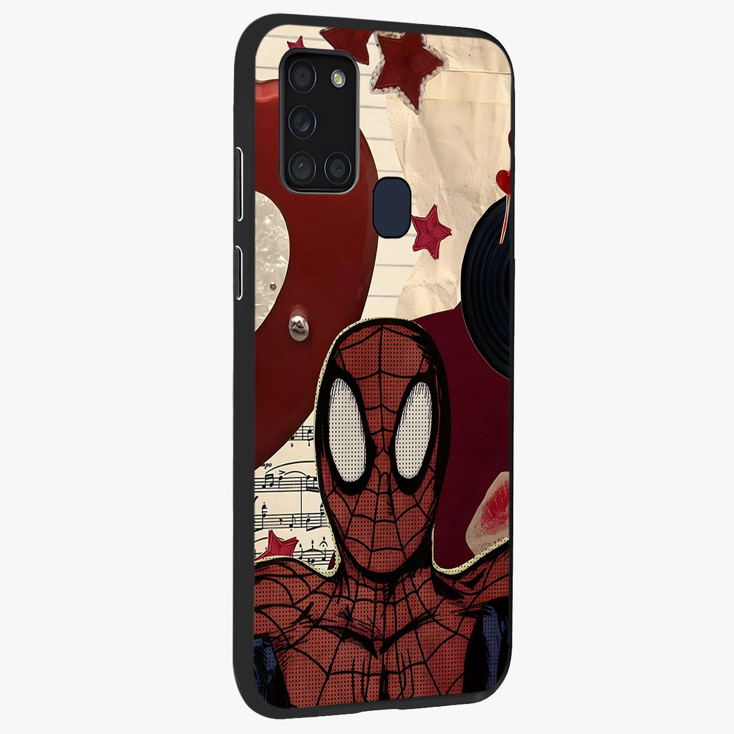 Web Warrior Vibes Glass Case upright view showcasing energetic superhero artwork with bold action theme.