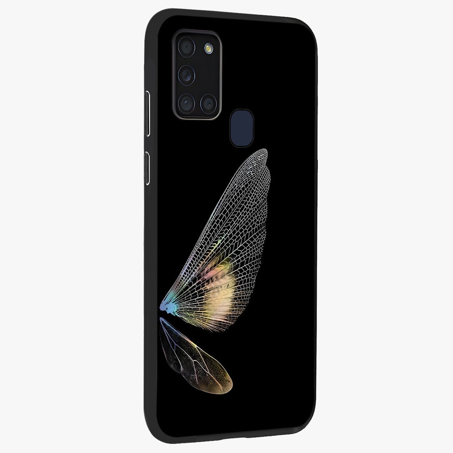 Whispers Of Wings Glass Case upright view showcasing elegant wing artwork with light airy theme.