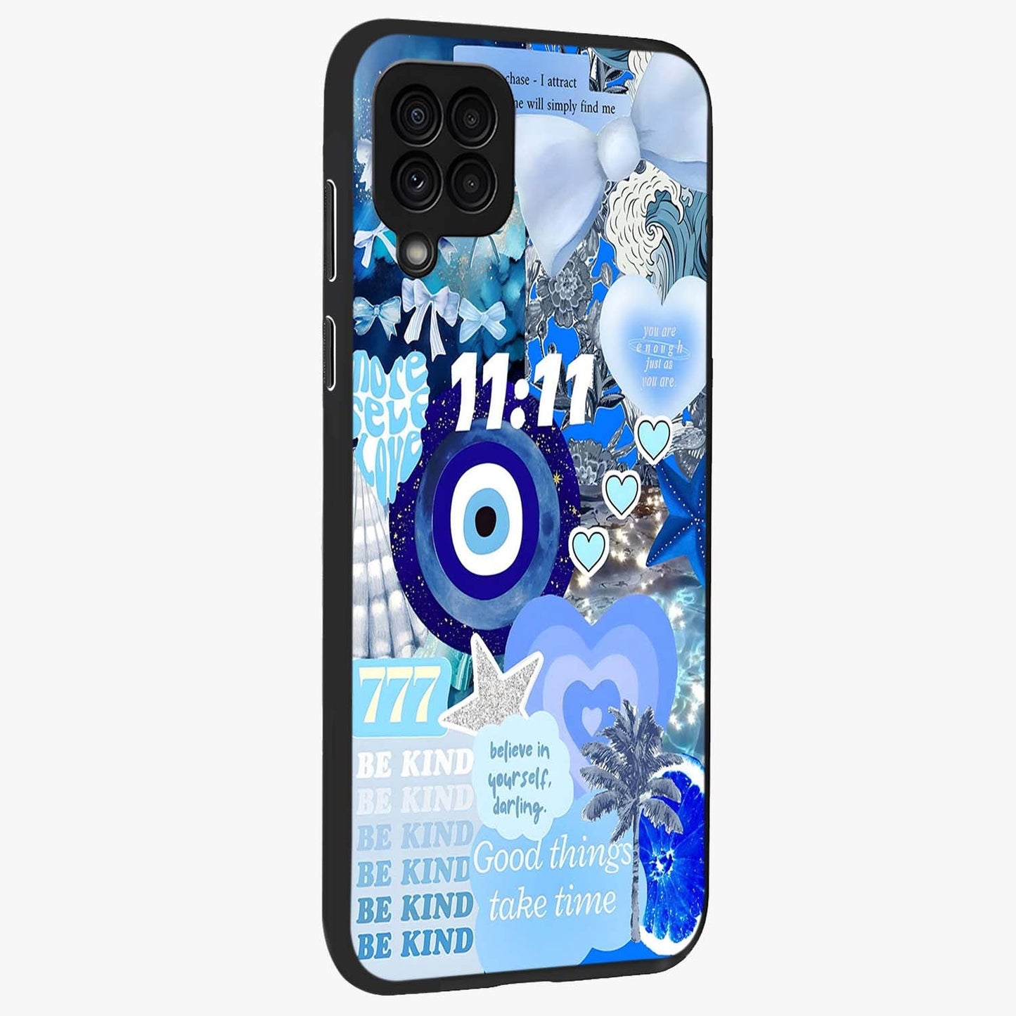 Aesthetic Be Kind Eye Glass Case upright view showcasing stylish eye illustration with positive message theme.