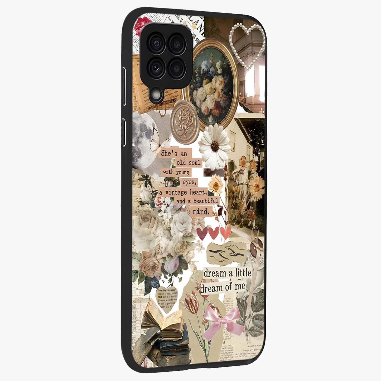 Aesthetic Brown Vintage Collage Glass Case upright view showcasing nostalgic retro artwork with stylish vintage theme.