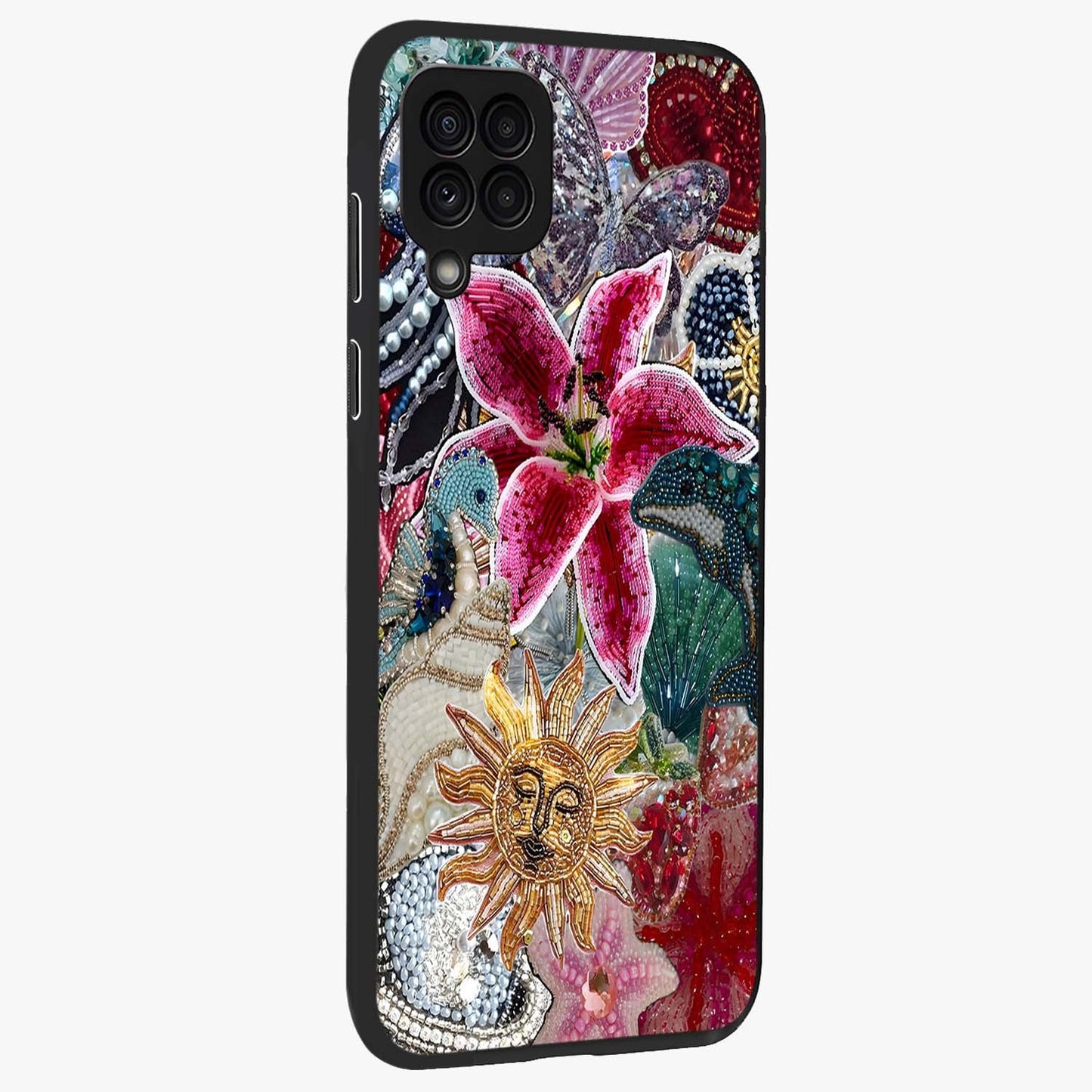 Beaded Garden Fantasy Glass Case upright view showcasing whimsical garden aesthetic with artistic bead details.