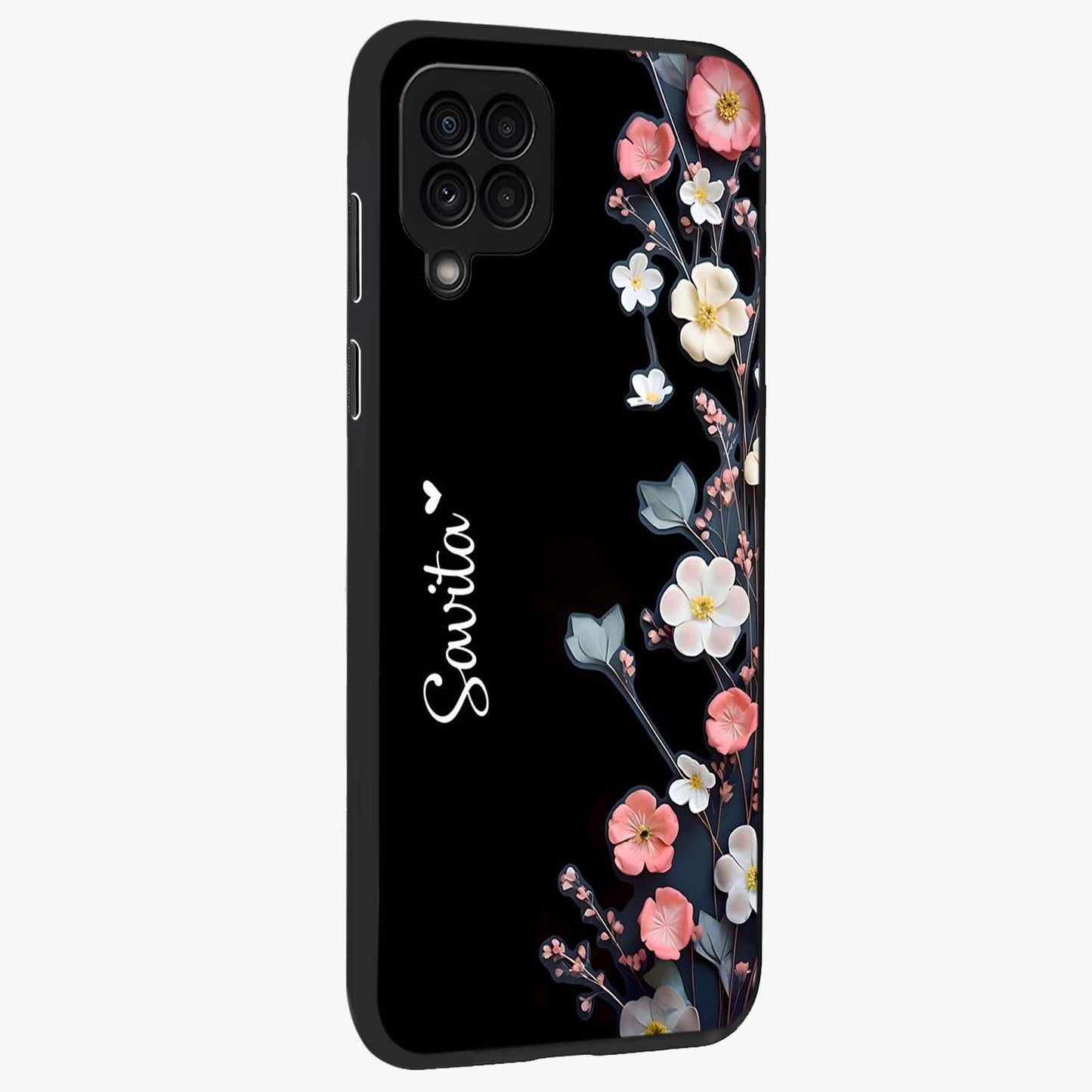 Black Elegance Floral Custom Name Glass Case upright view showcasing luxurious black floral design with personalized name detail.