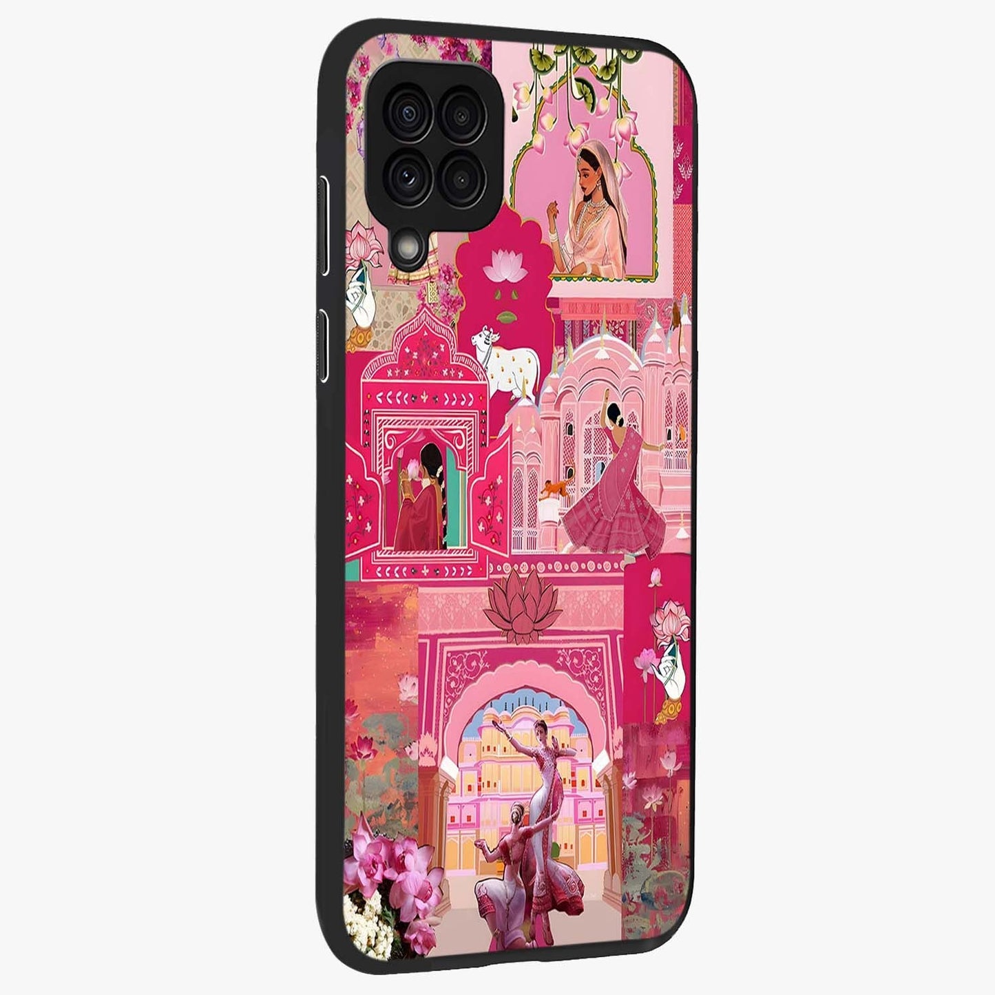 Blossoms of Rajasthan Glass Case upright view showcasing colorful floral design inspired by traditional Indian art.