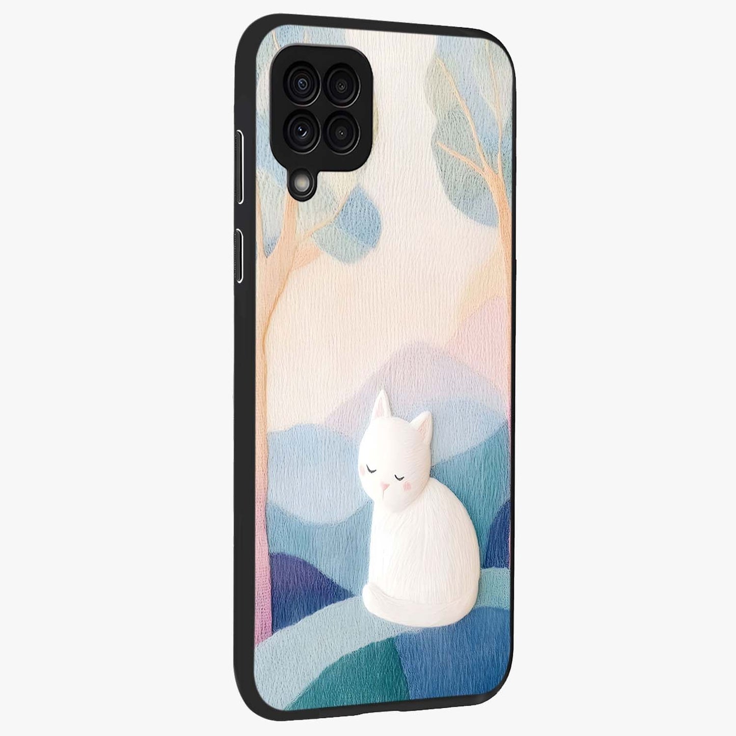 Cotton Dream Cat Glass Case upright view showcasing charming cat artwork with cozy dreamy theme.