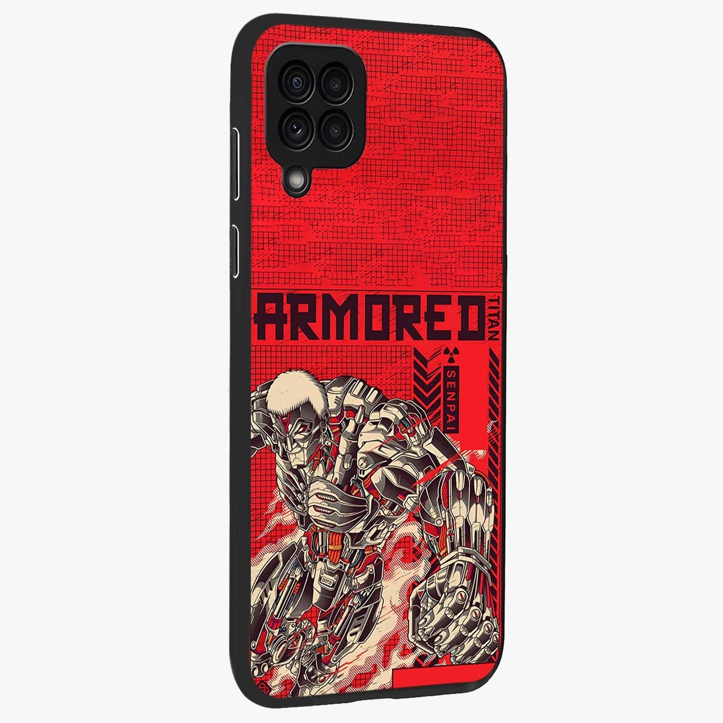 Crimson Mecha Titan Glass Case upright view showcasing dynamic robotic titan design with sci-fi inspired theme.