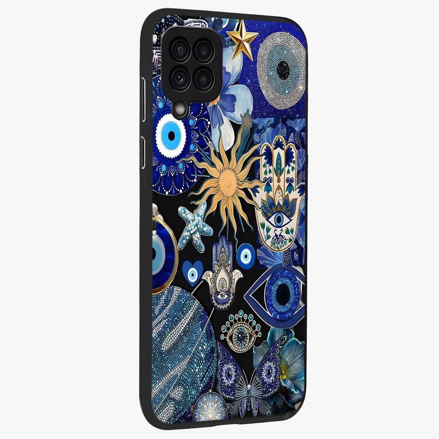 Evil Eye Charm Mix Glass Case upright view showcasing mystical evil eye pattern with vibrant decorative style.